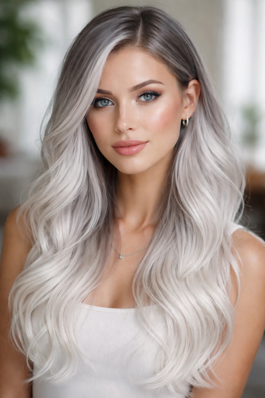 Close-up portrait of a real woman with silver-to-white hair gradient