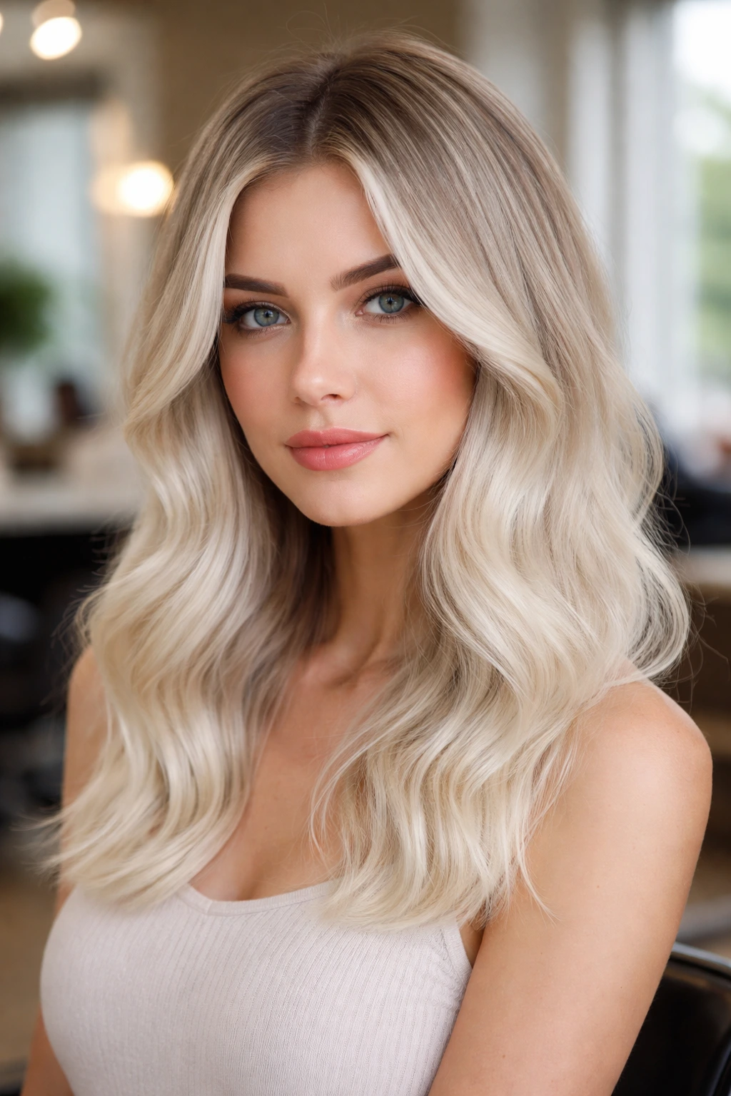 Portrait of a real person with white vanilla ombre from dark roots to pale ends.
