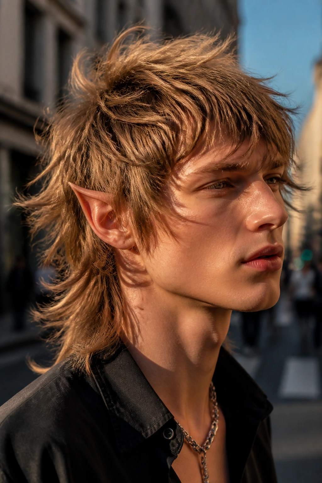 Close-up portrait of a real person with micro-layered windblown elvish shag mullet