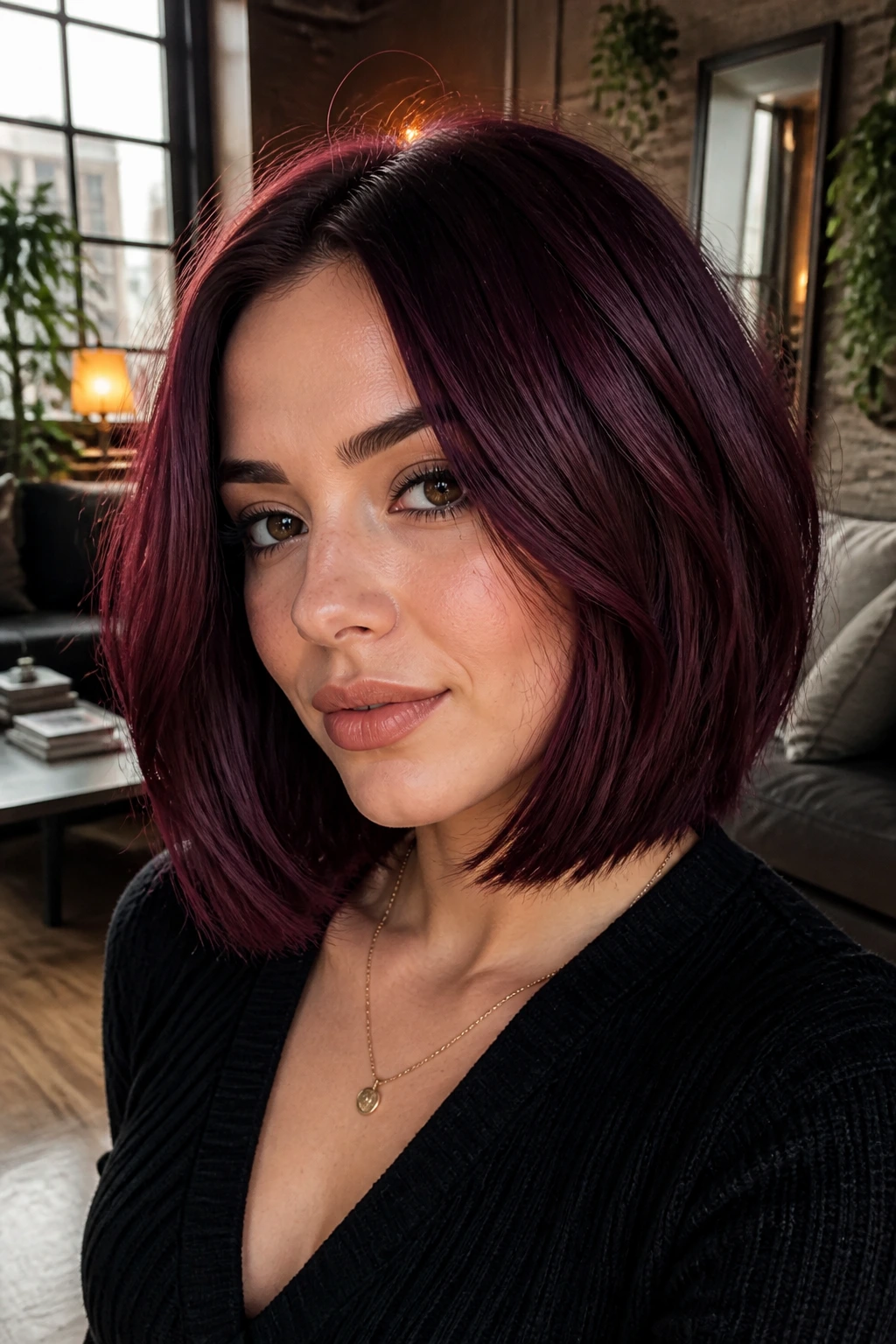 Close-up portrait of a real person with wine-infused auburn hair merlot shade and violet undertone