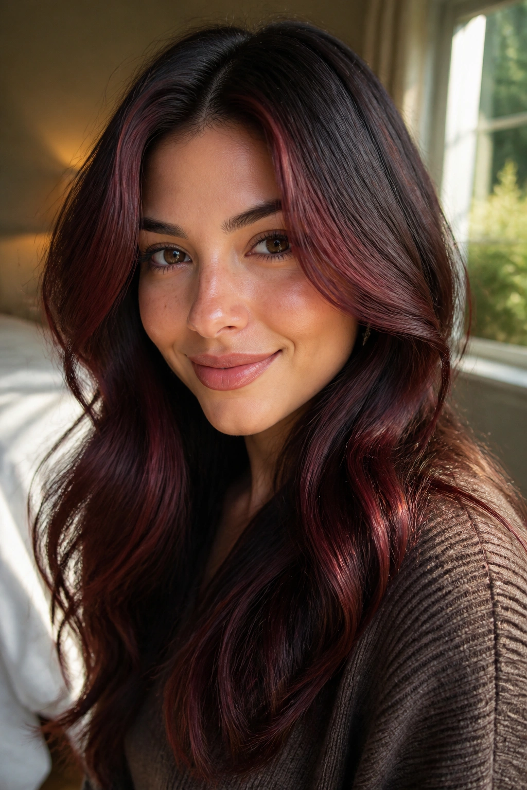 Close-up portrait of a real woman with wine-auburn halo framing the face on espresso brown hair.