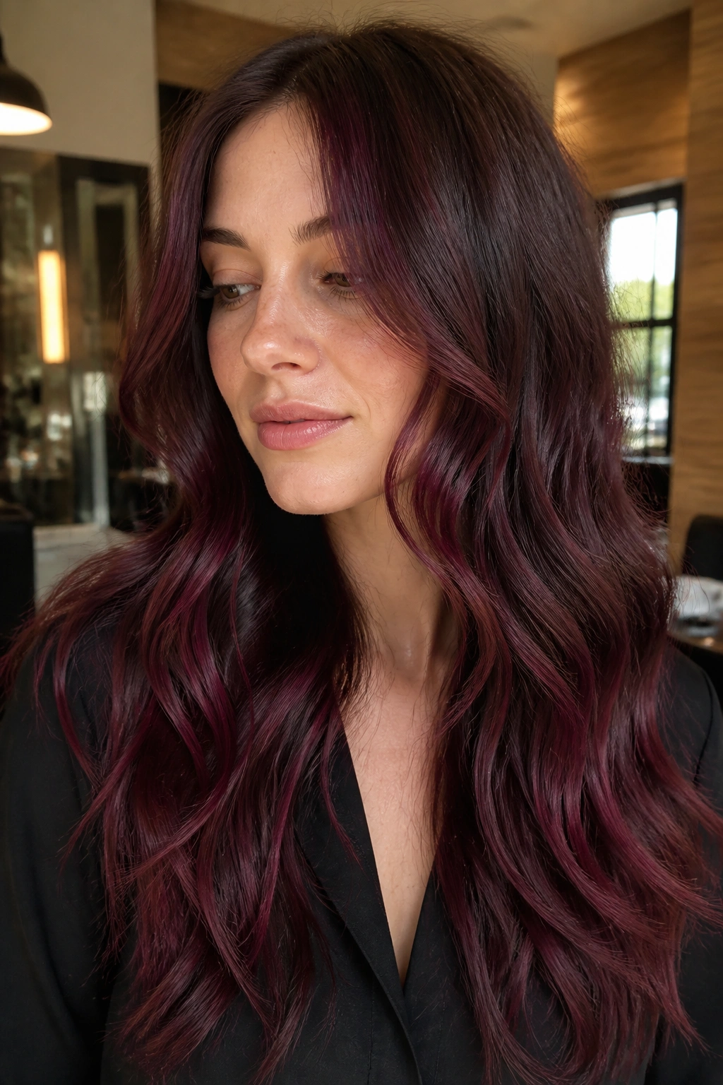Close-up portrait of a real woman with wine-tinted balayage on brunette hair, highlighting face-framing wine tones