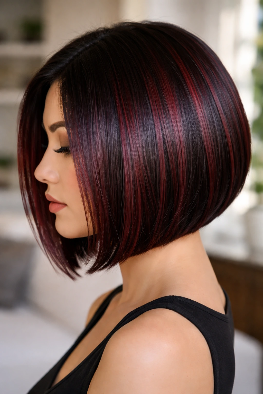 Close-up of a real person with a sleek bob and wine-gloss highlights