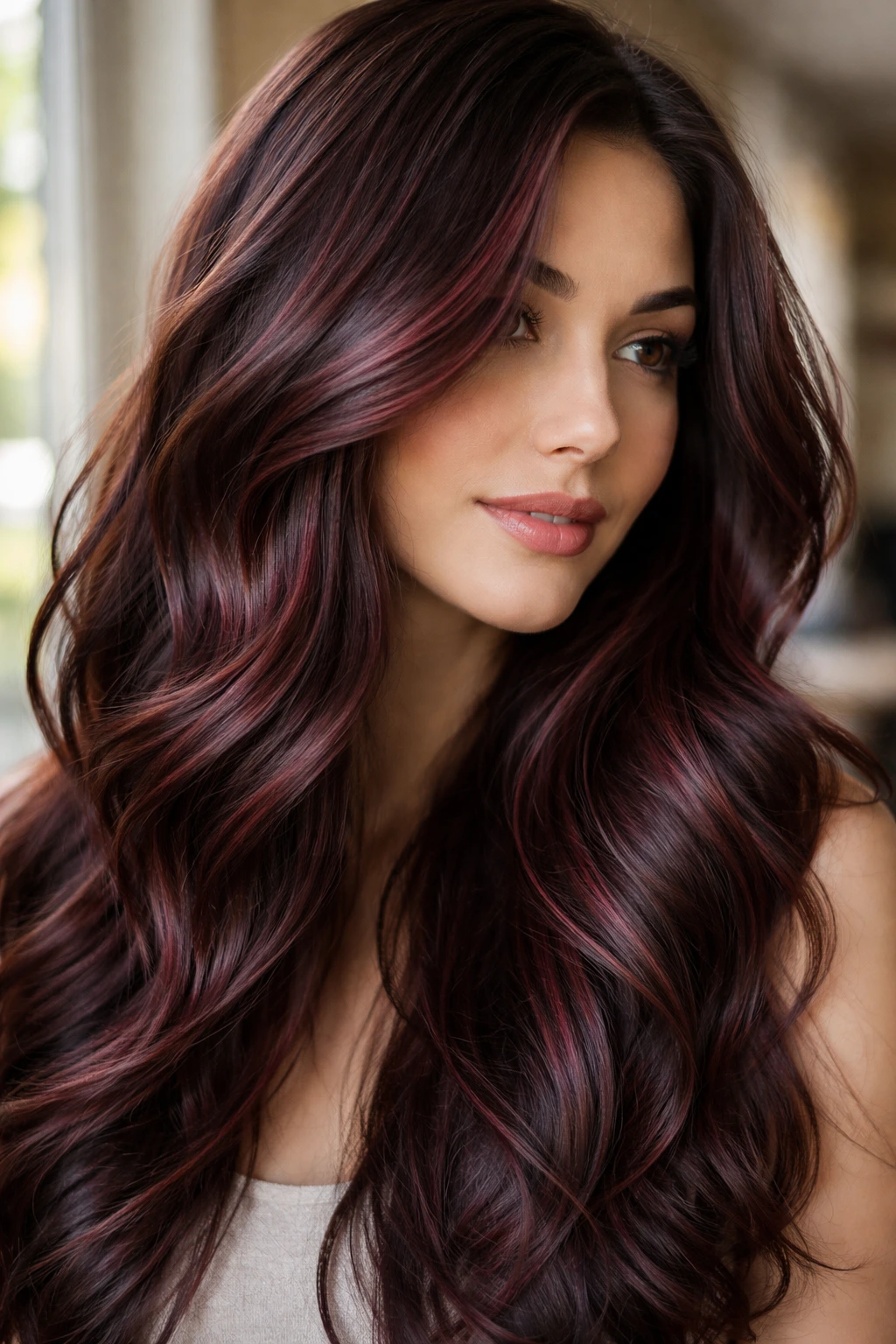 Close-up of hair with deep wine highlights near base on real person