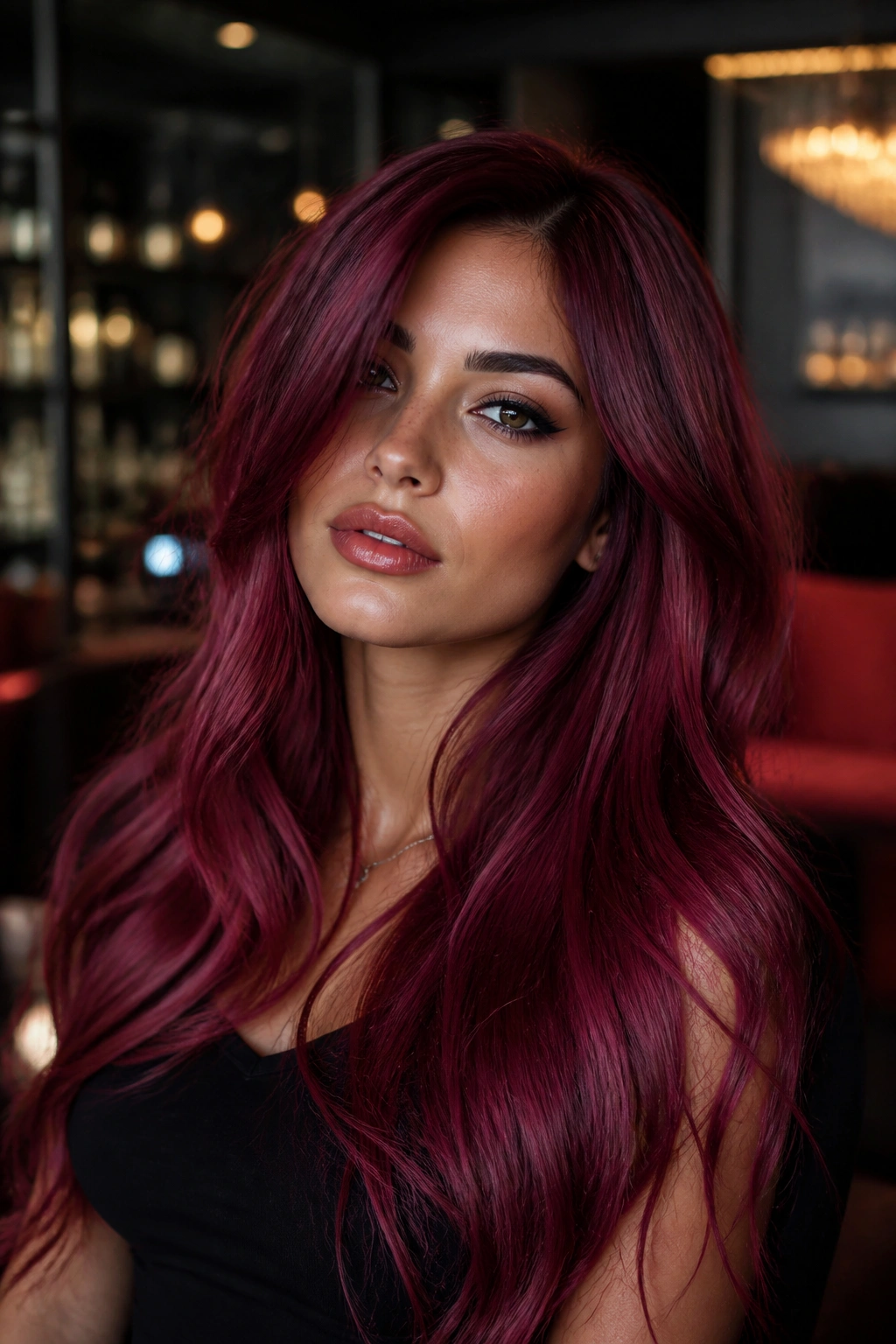 Portrait of a real person with Wine Pink hair in a moody lounge