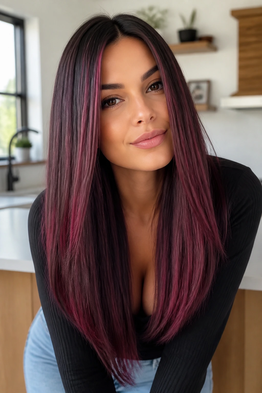 Close-up of straight hair with wine purple balayage on brunette