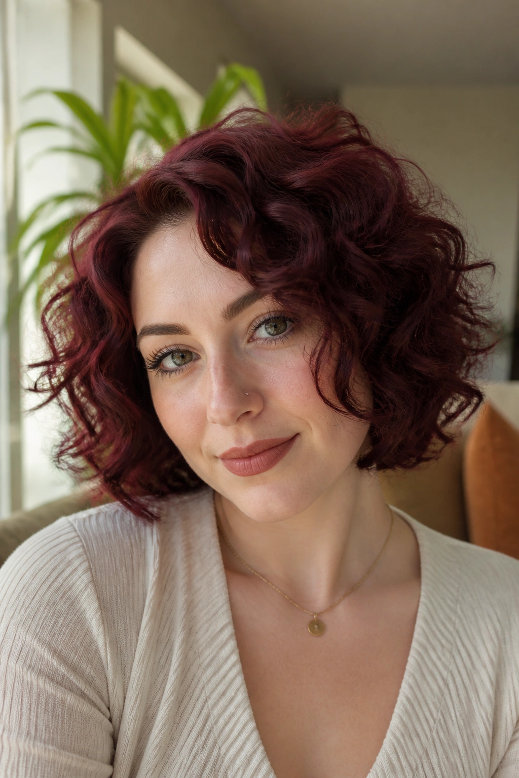 Real woman with wine red curly bob and soft curls around the face.