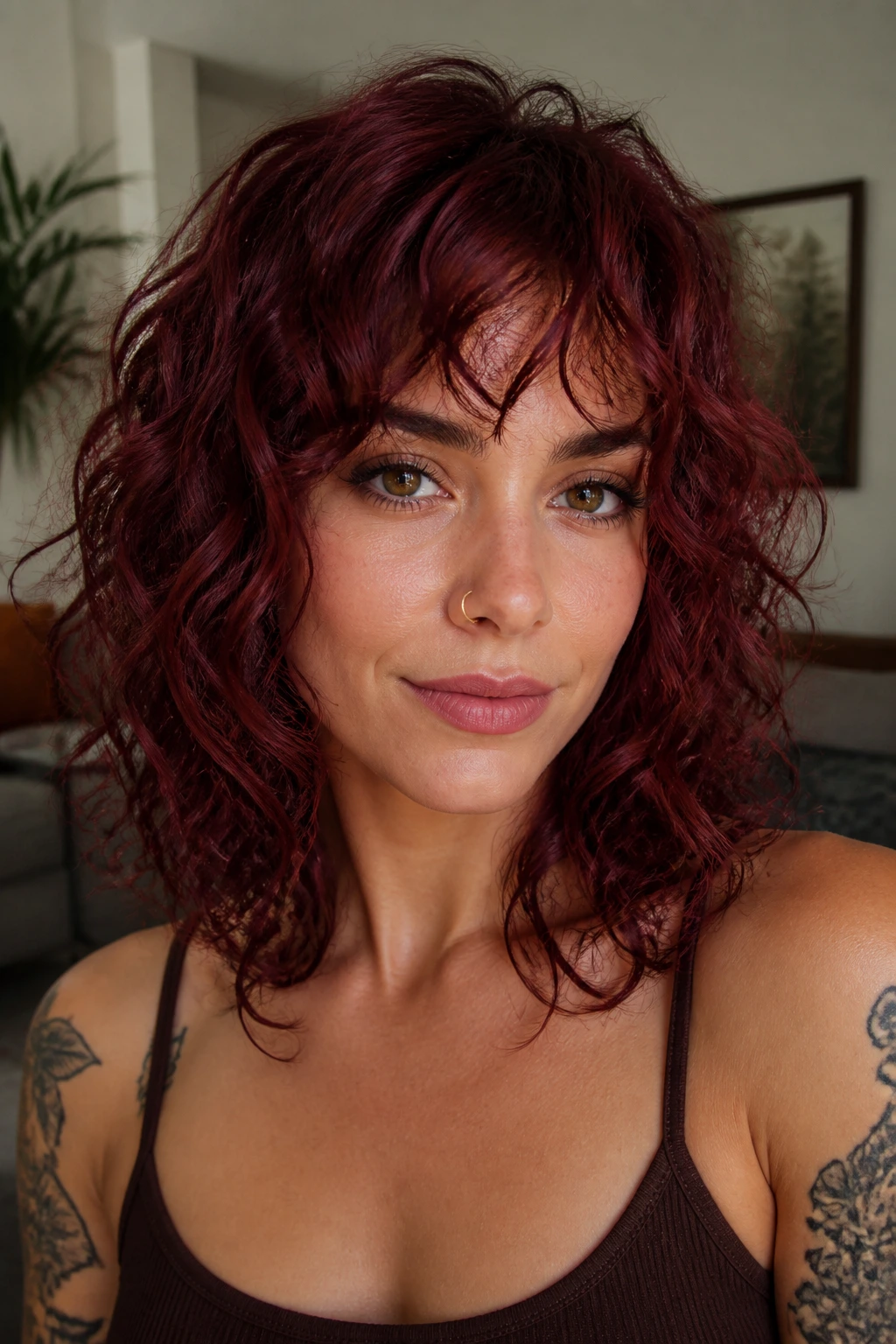 Close-up of a person with wine red curly shag and curls framing cheeks.