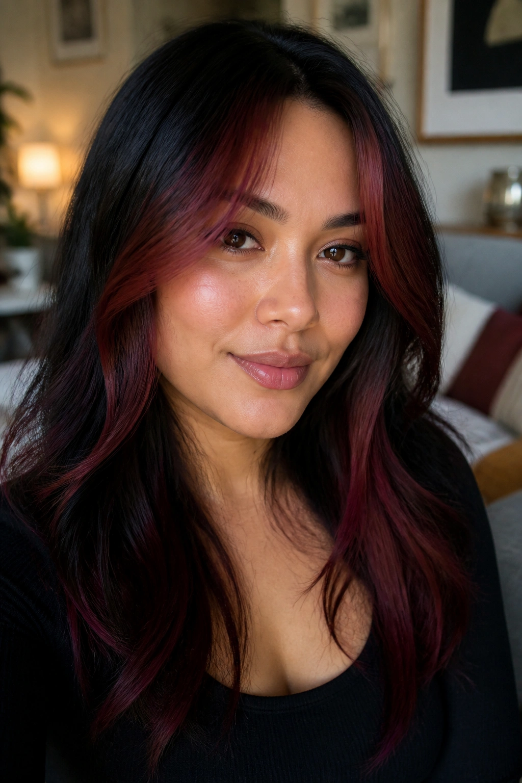 Close-up of a real woman with wine-red curtain highlights