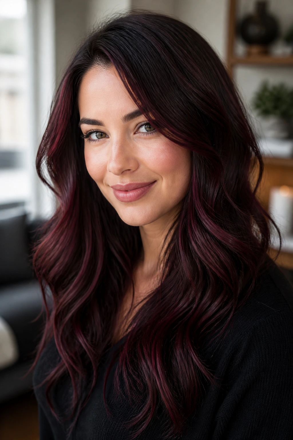 Close-up of a woman with subtle wine-red dimensional highlights in dark brown hair
