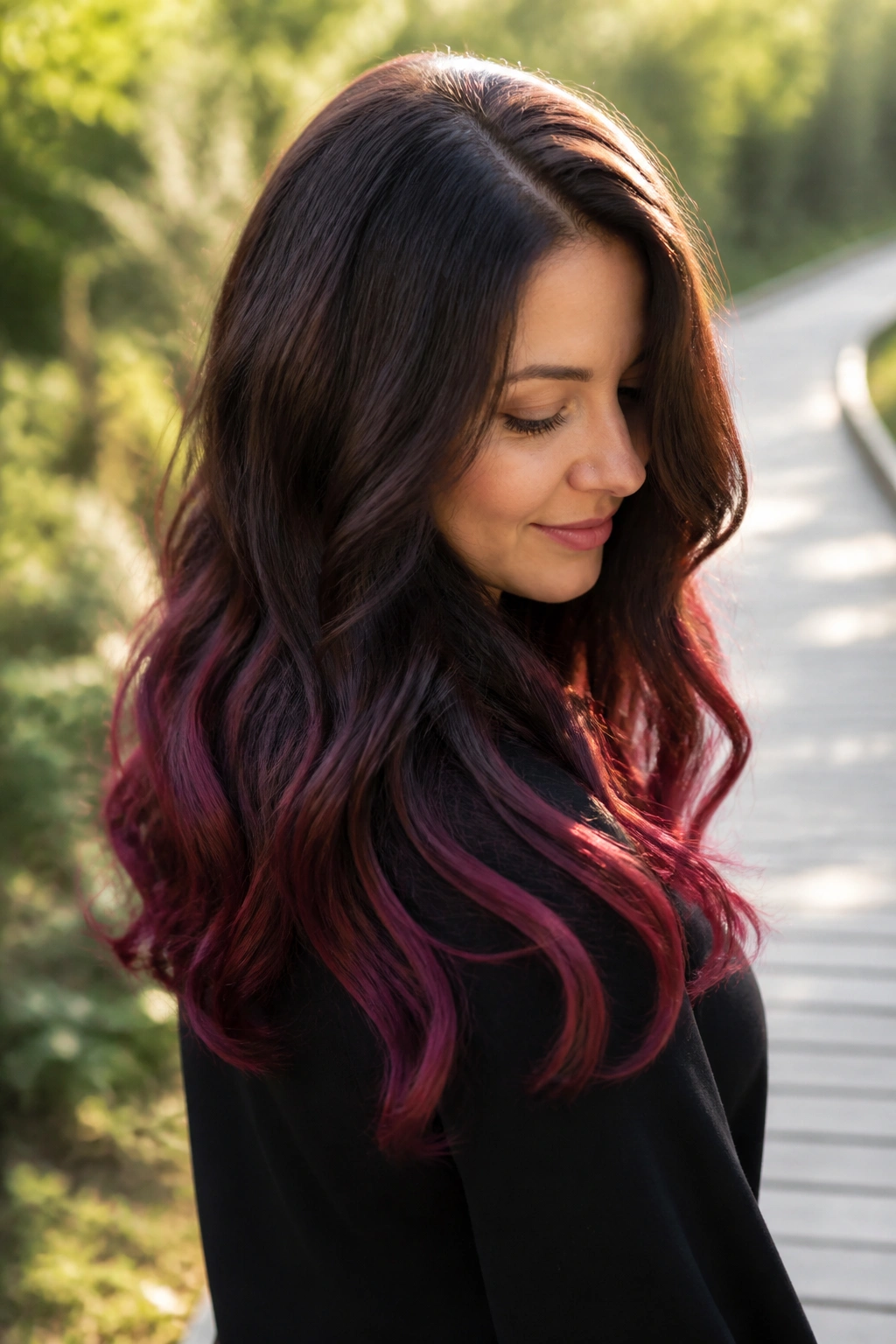 Long brown waves with wine-red ends in warm natural light
