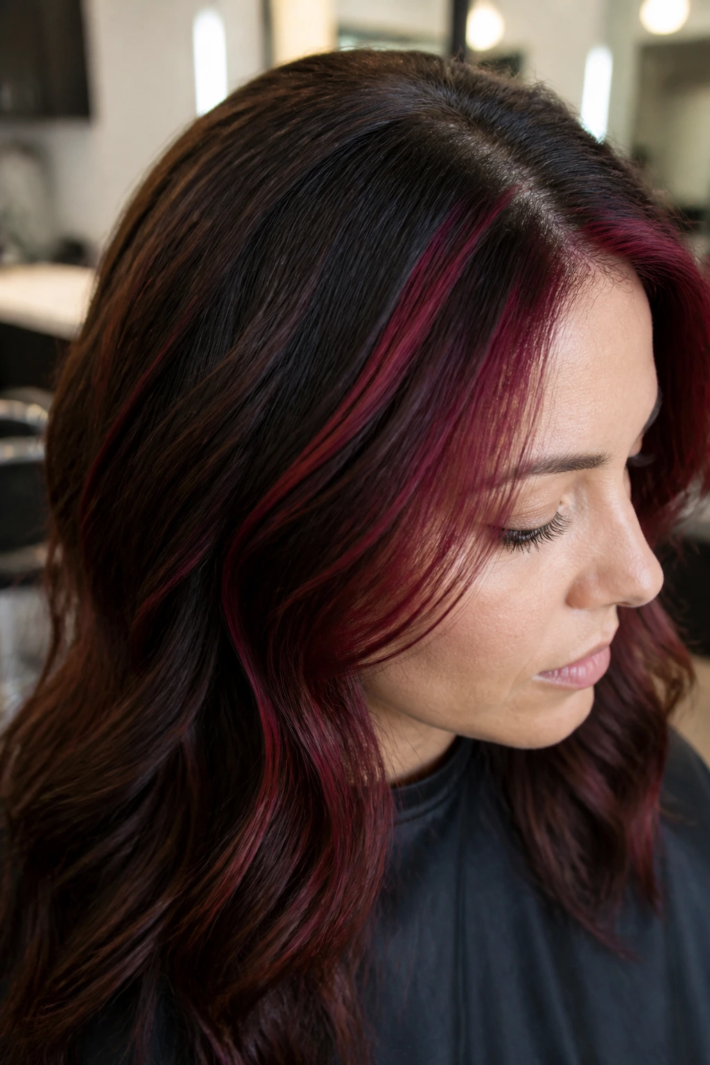 Close-up of a real person with wine-red foil highlights on brunette hair