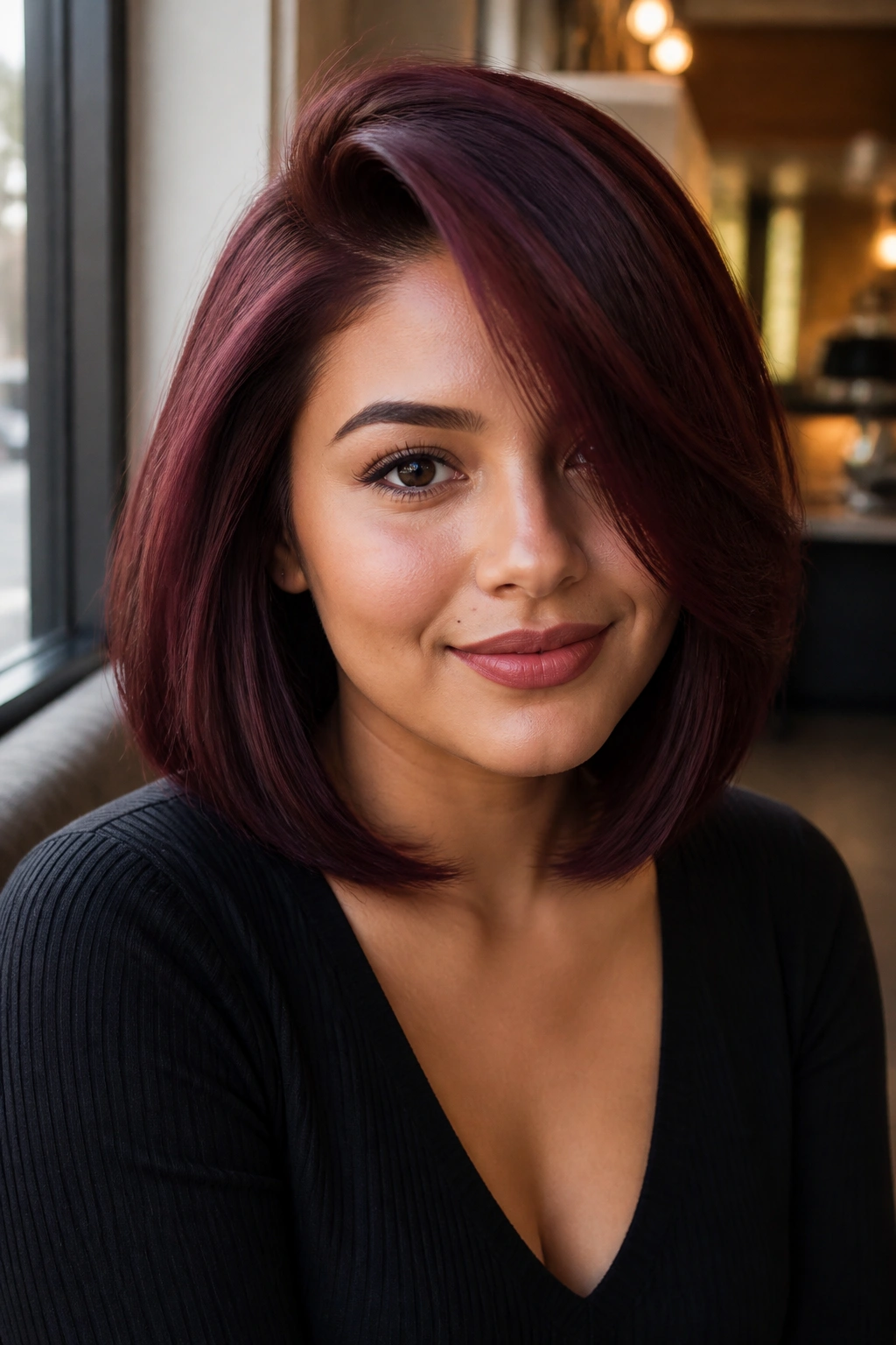Close-up of a real woman with a wine red lob and deep side part