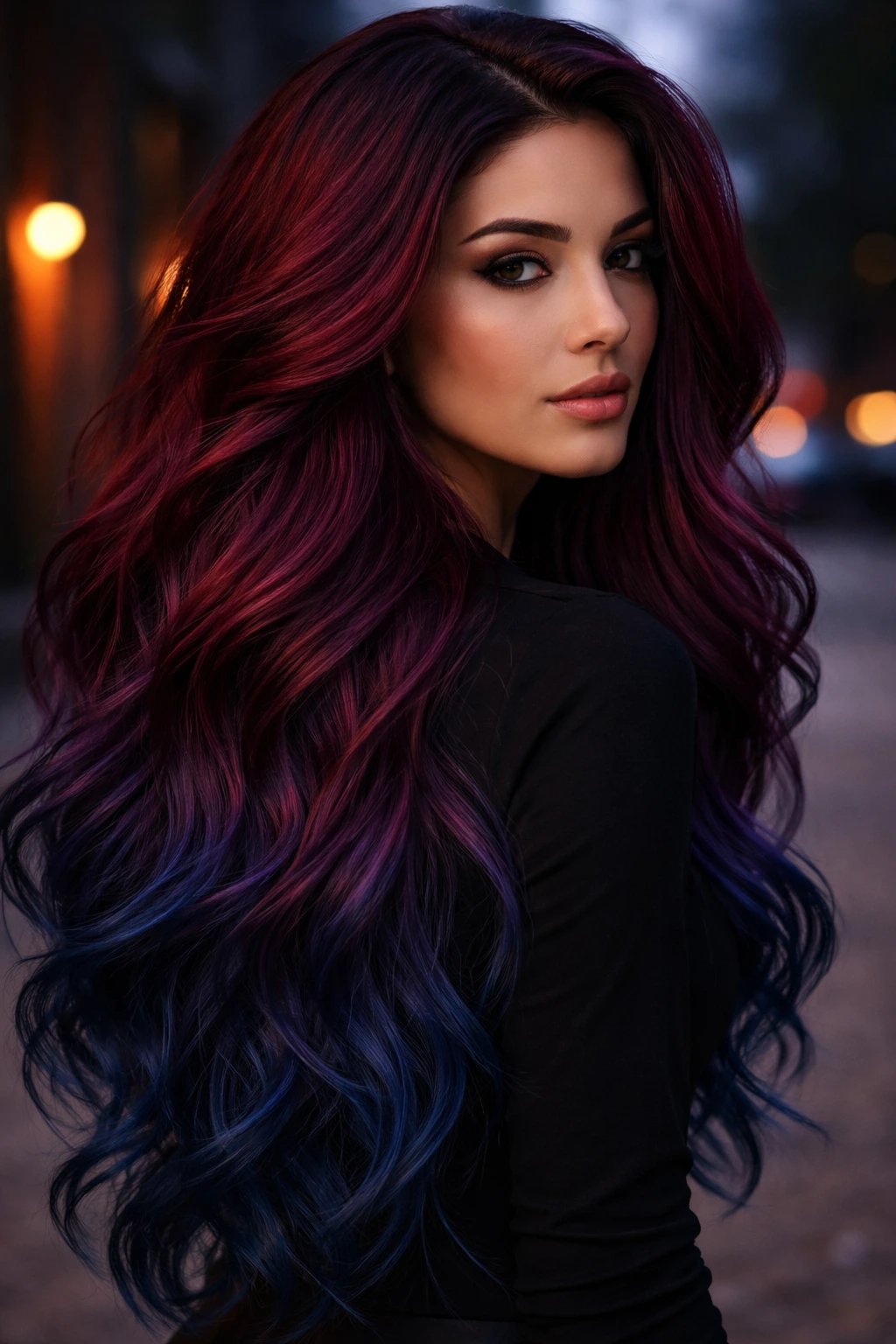Long wavy hair gradient from wine red to midnight blue in a portrait