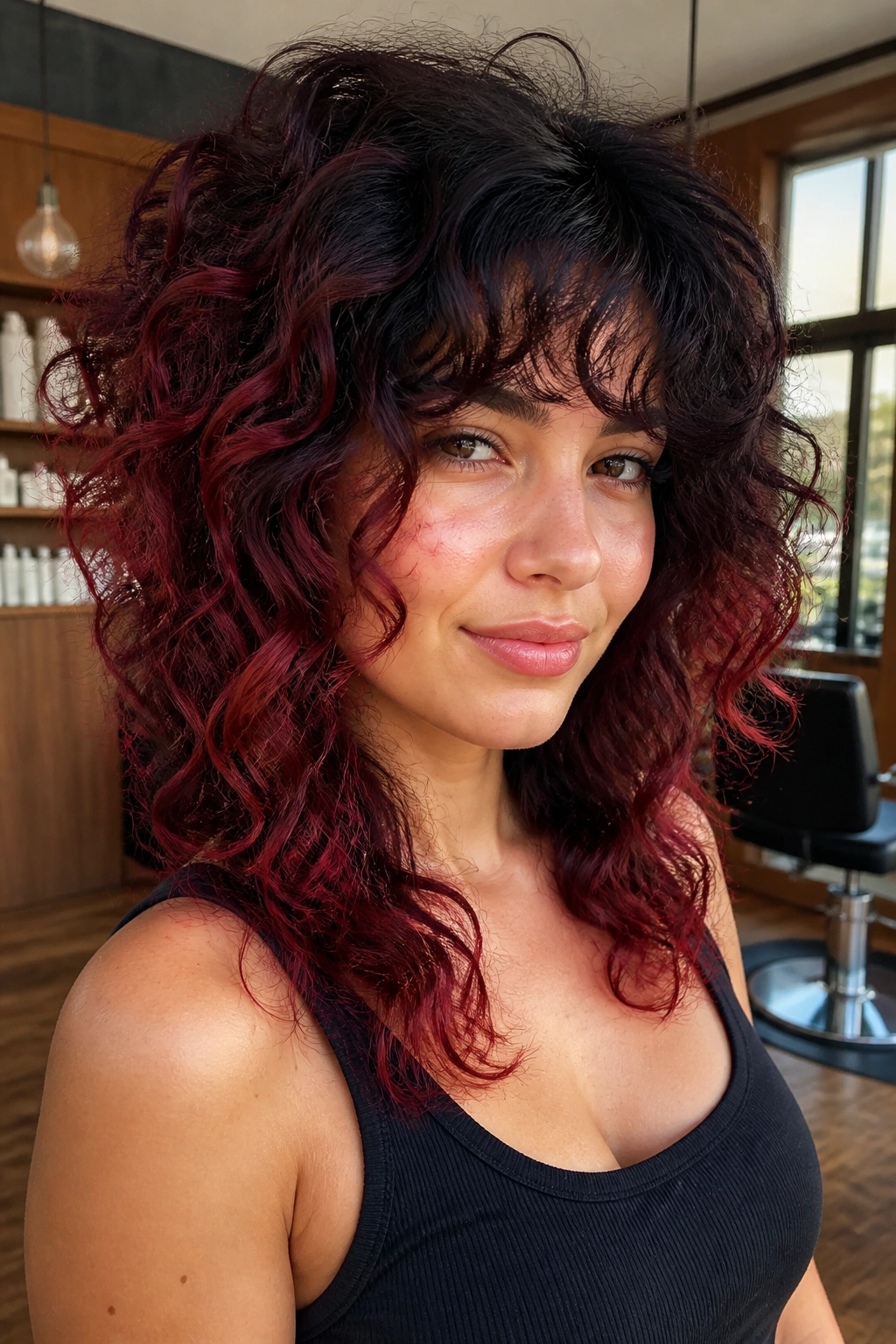 Close-up of a real woman with wine red ombre curls and shaggy layers.
