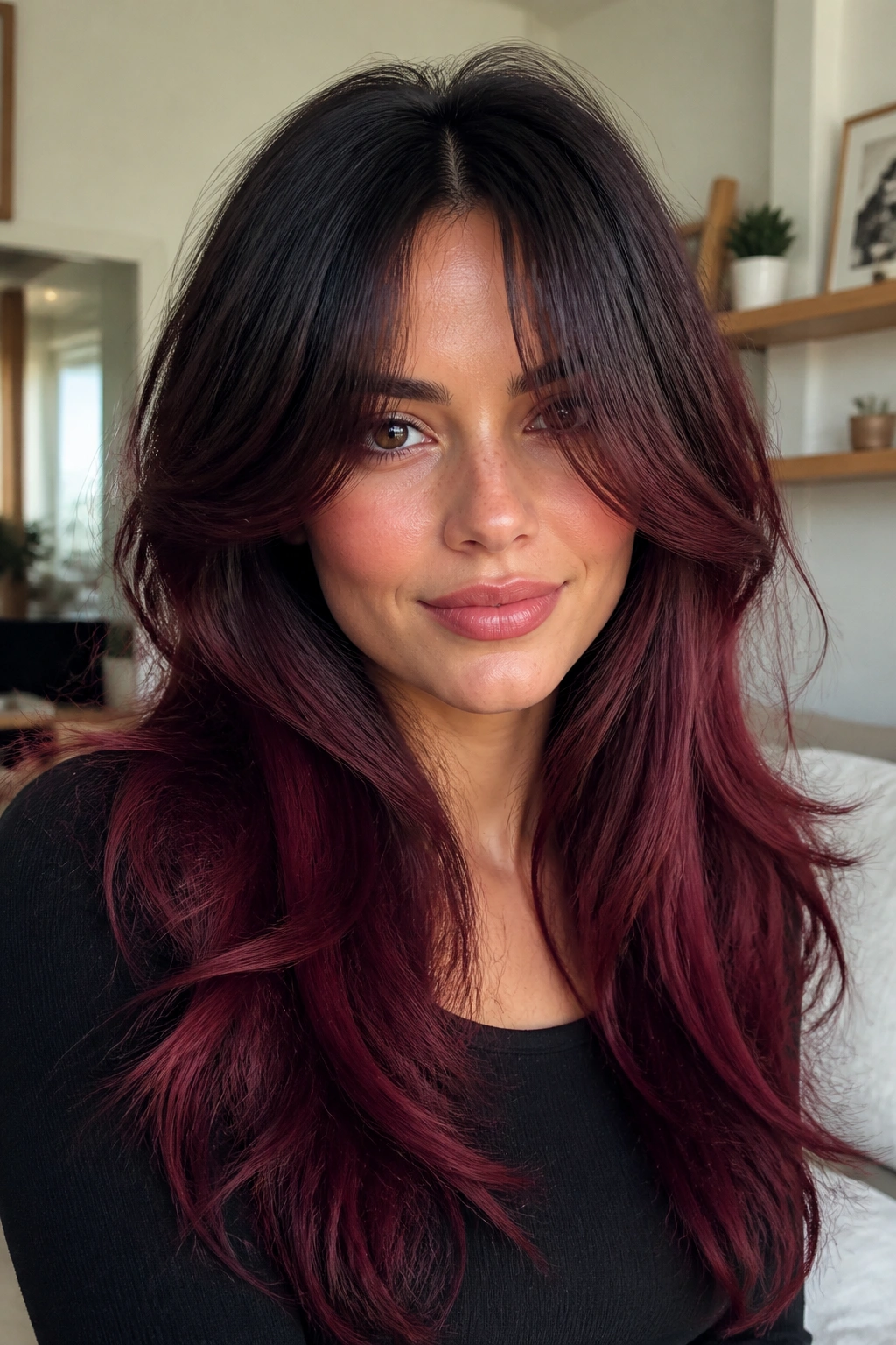 Wine red ombre with curtain bangs on a real woman.