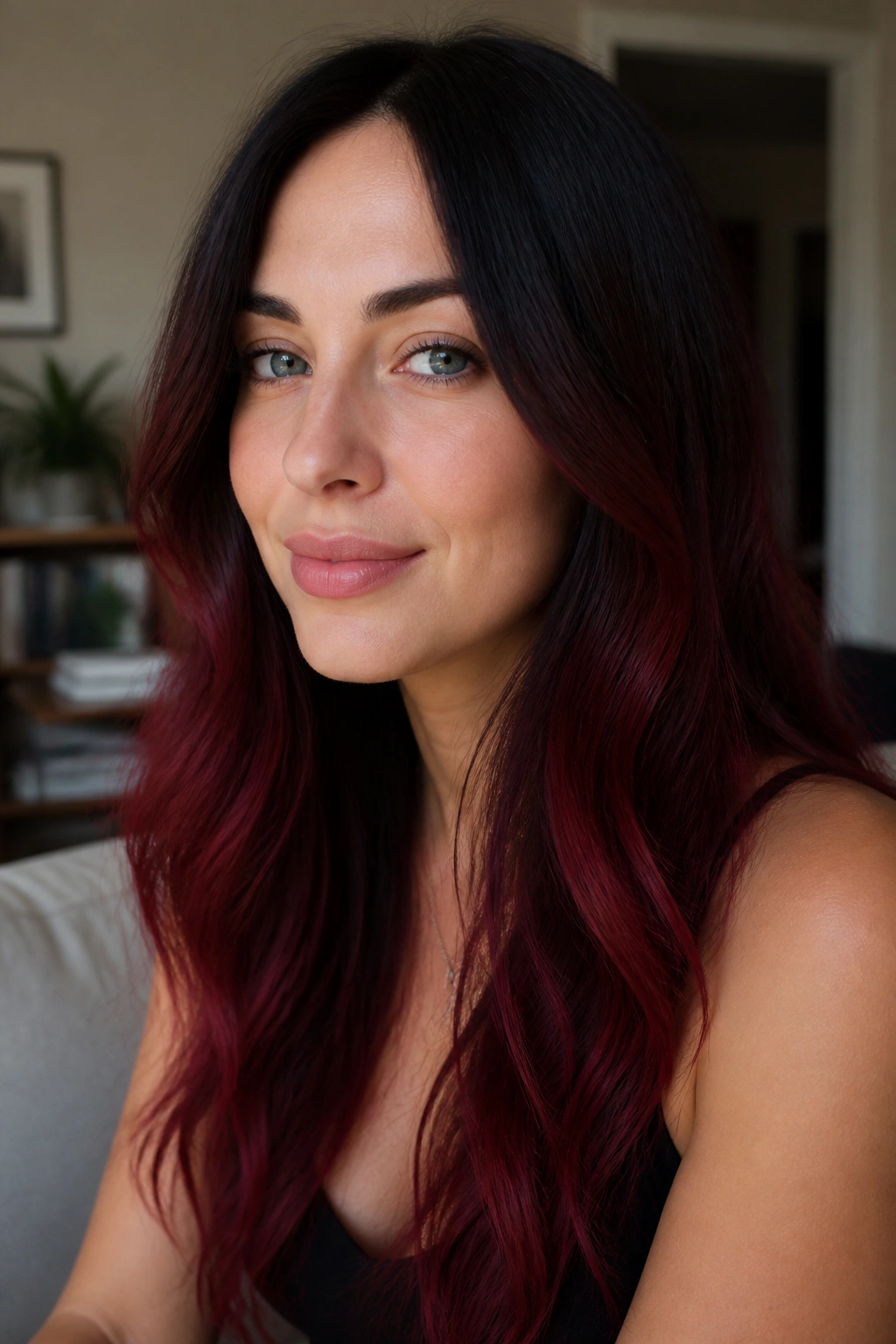 Close-up of a woman with a dark-root to wine-red ombré hairstyle