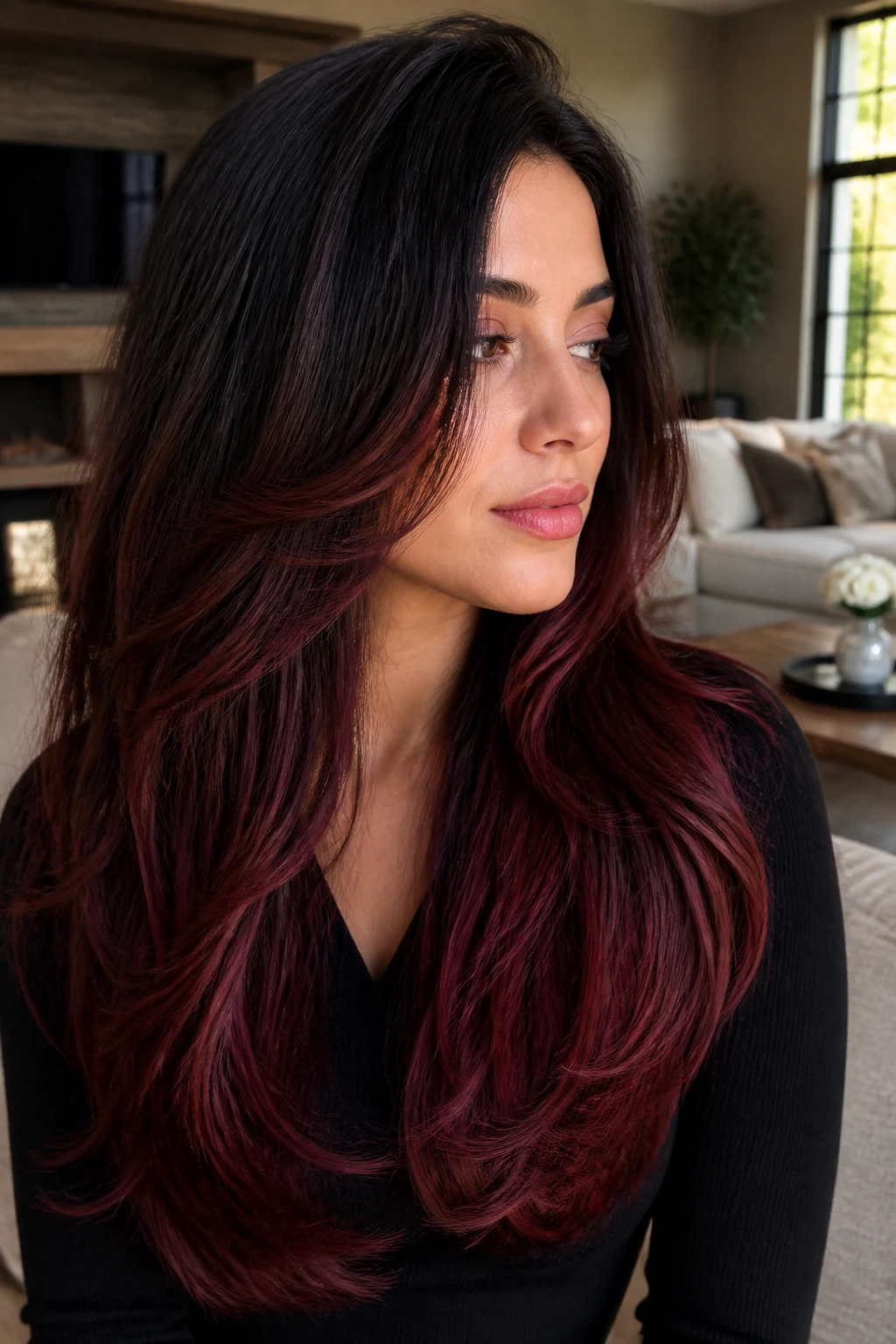 Close-up portrait of a woman with wine red ombre on soft layers.