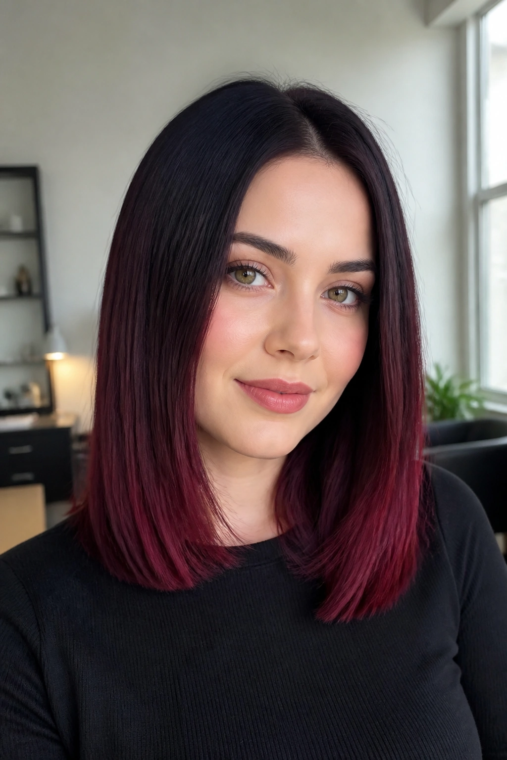 Close-up portrait of a real woman with wine red ombré on straight midlength hair