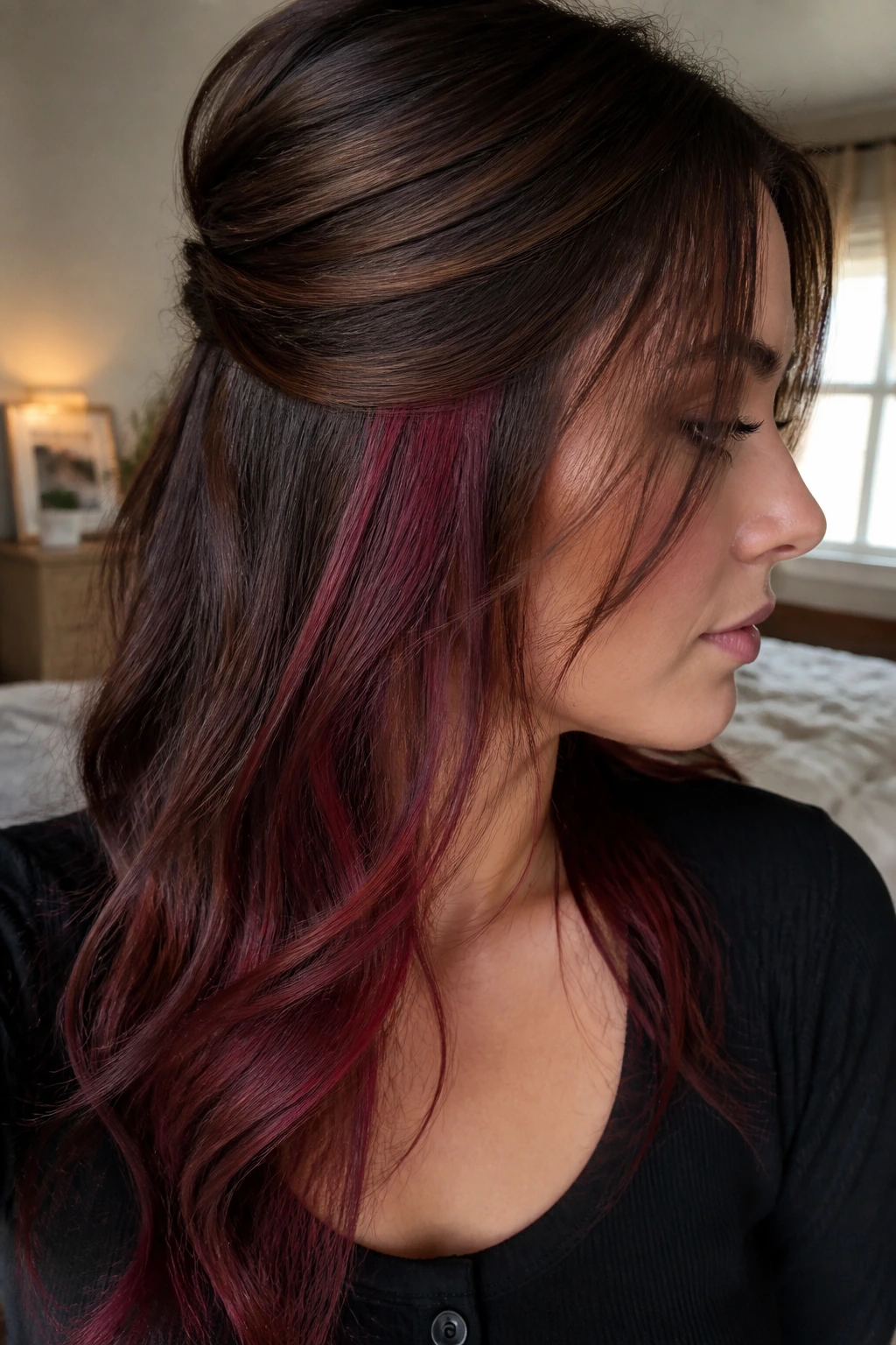 Close-up portrait of a real woman showing wine-red peekaboo panels under brown hair in a half-up style.