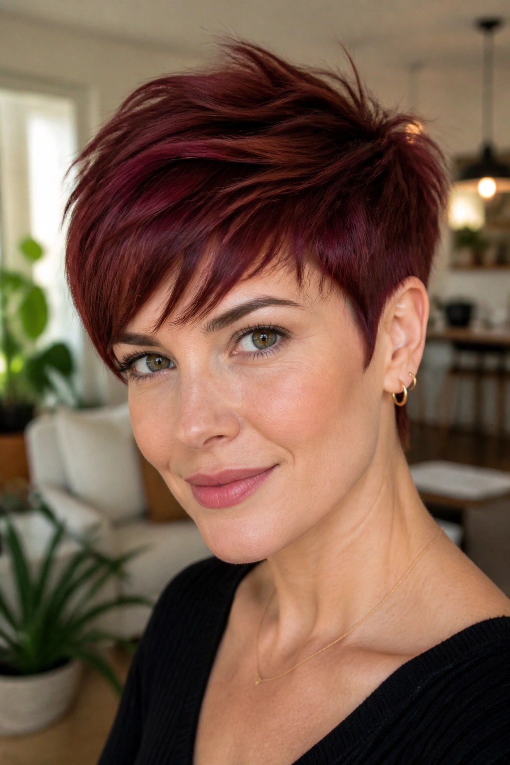 Close-up of a real woman with wine red pixie and brushed-forward texture in a bright living room