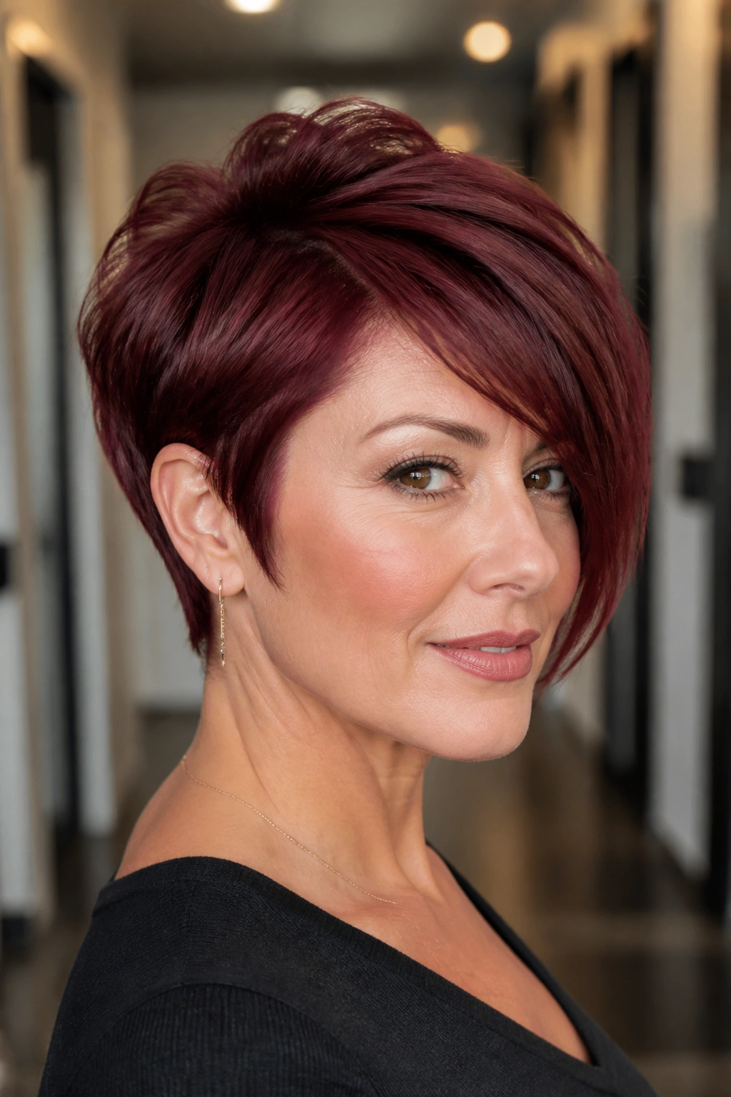 Close-up of a real woman with wine red curved pixie and longer front