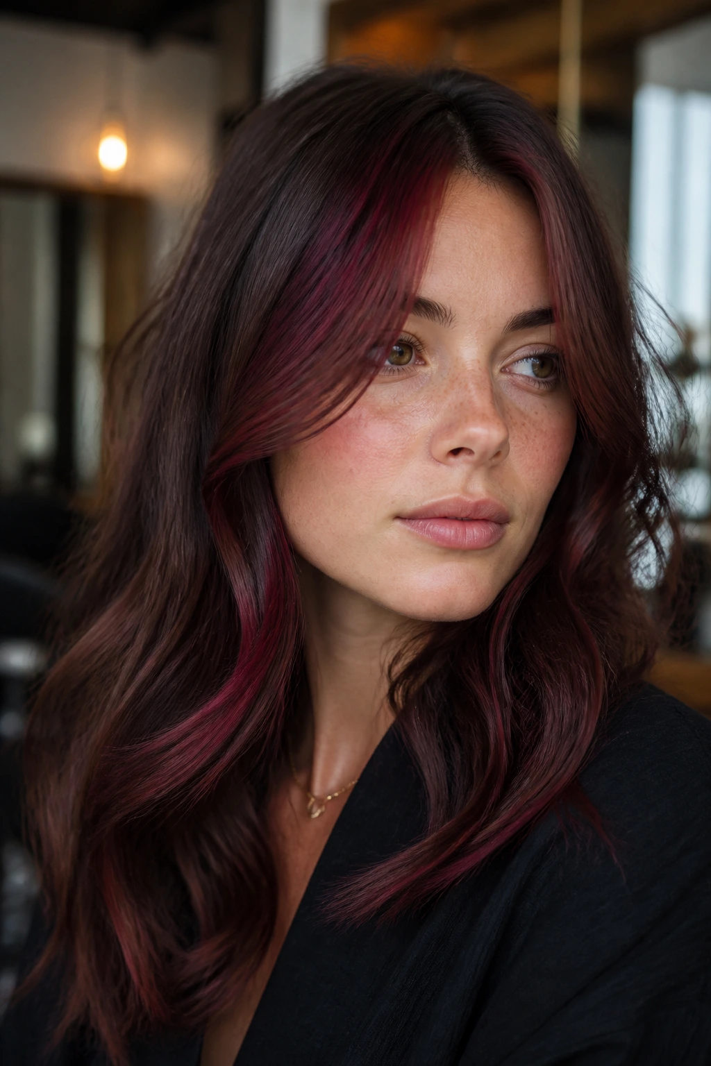 Close-up of a real woman with brunette hair and wine-red ribbons woven into the crown and face-framing sections