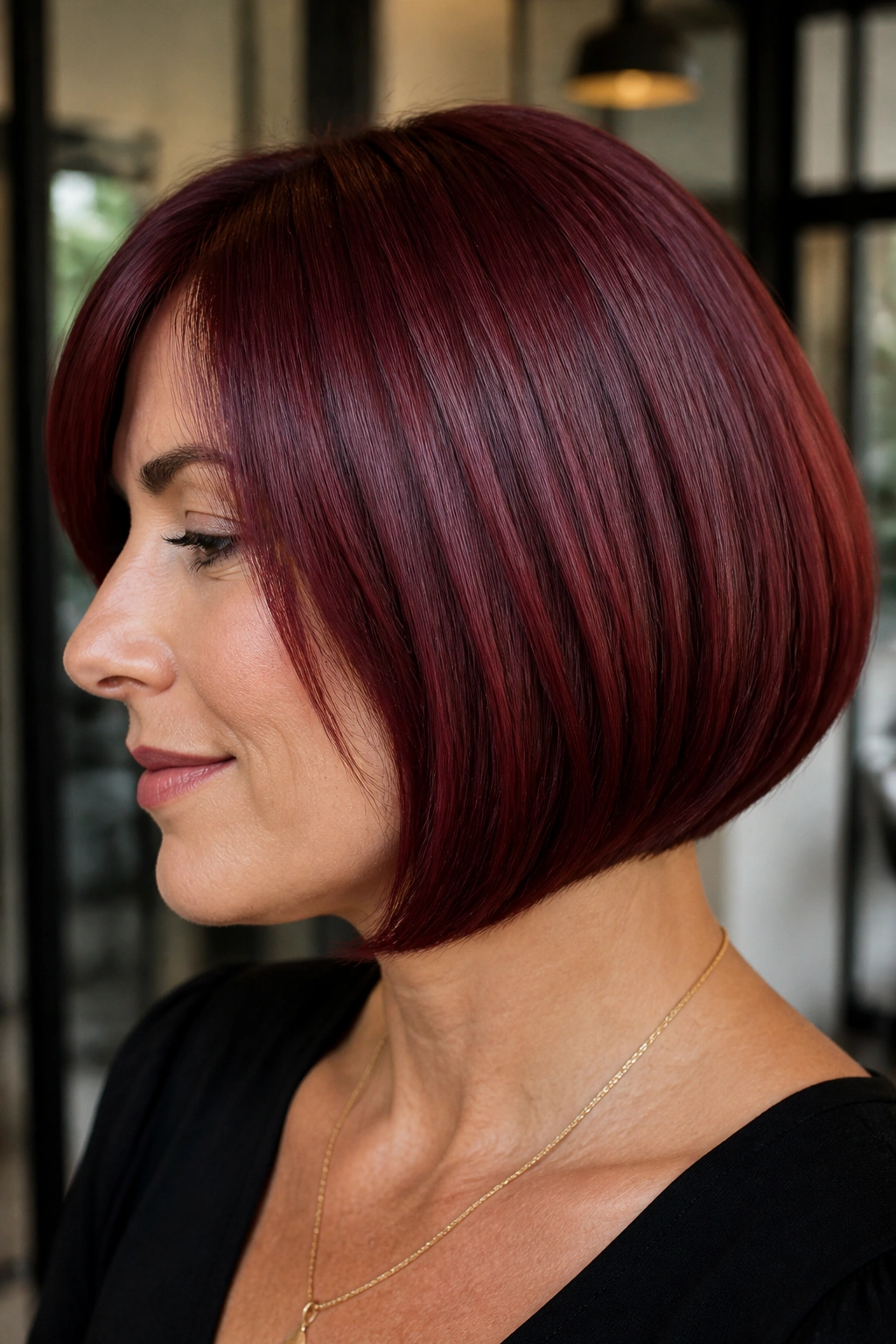 Close-up portrait of a woman with a wine-red rounded bob hairstyle