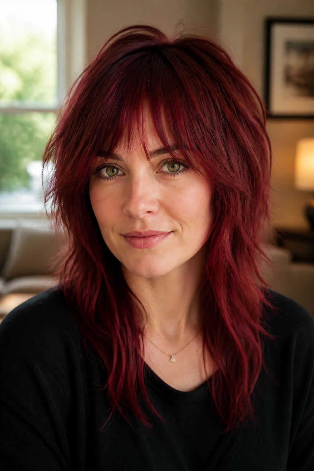 Close-up of a real woman with wine-red shag and bottleneck bangs