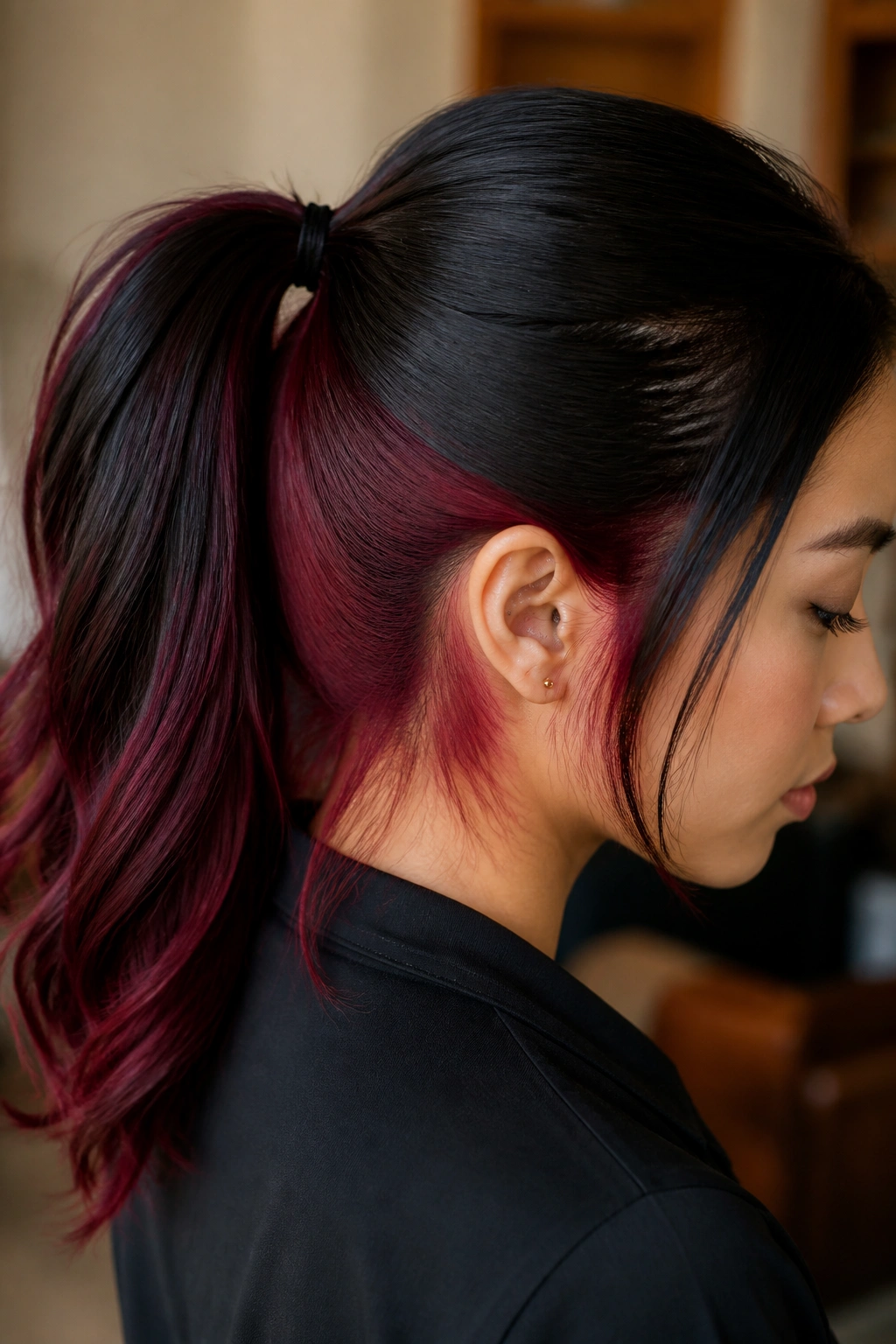 Portrait of a woman with wine-red underlights in a sleek ponytail