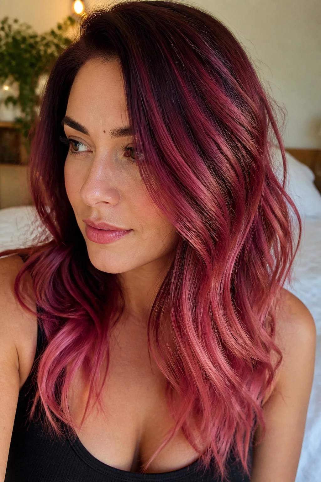 Real woman with wine root melt gradient from dark roots to rosy ends