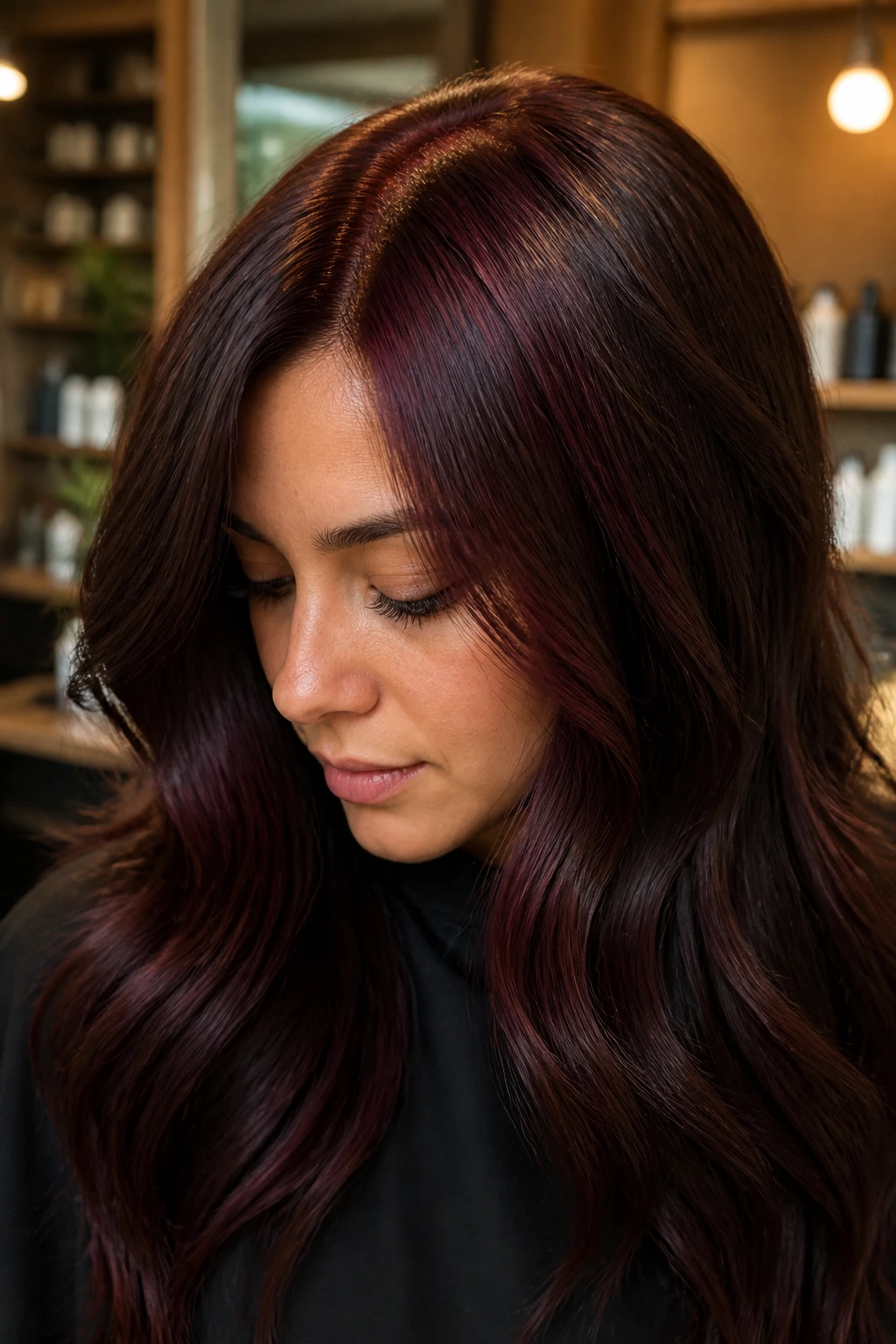 Brunette with wine-root shadow at roots blending into brown