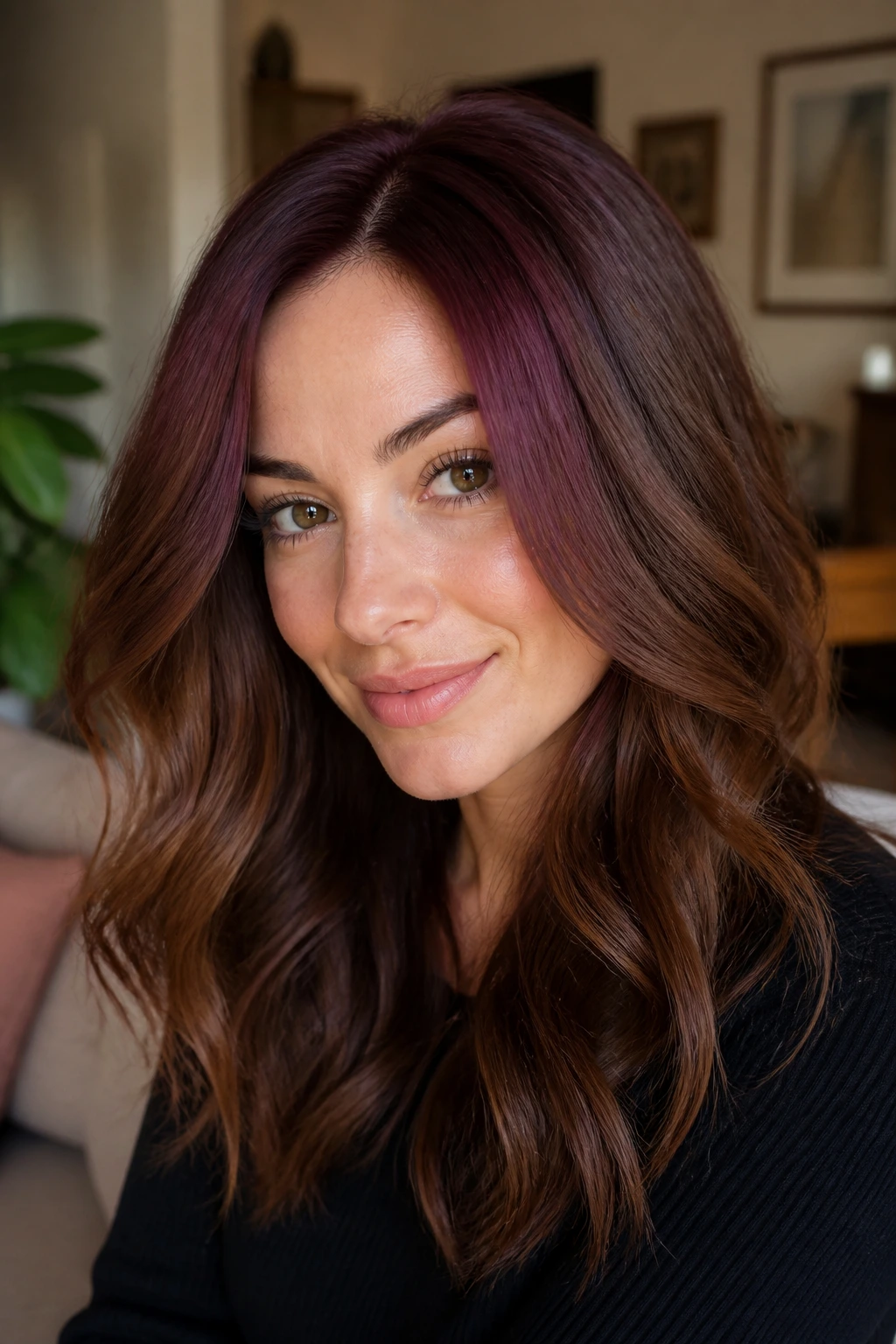 Real woman with wine-shadow root on medium brown hair blending into burgundy mids.