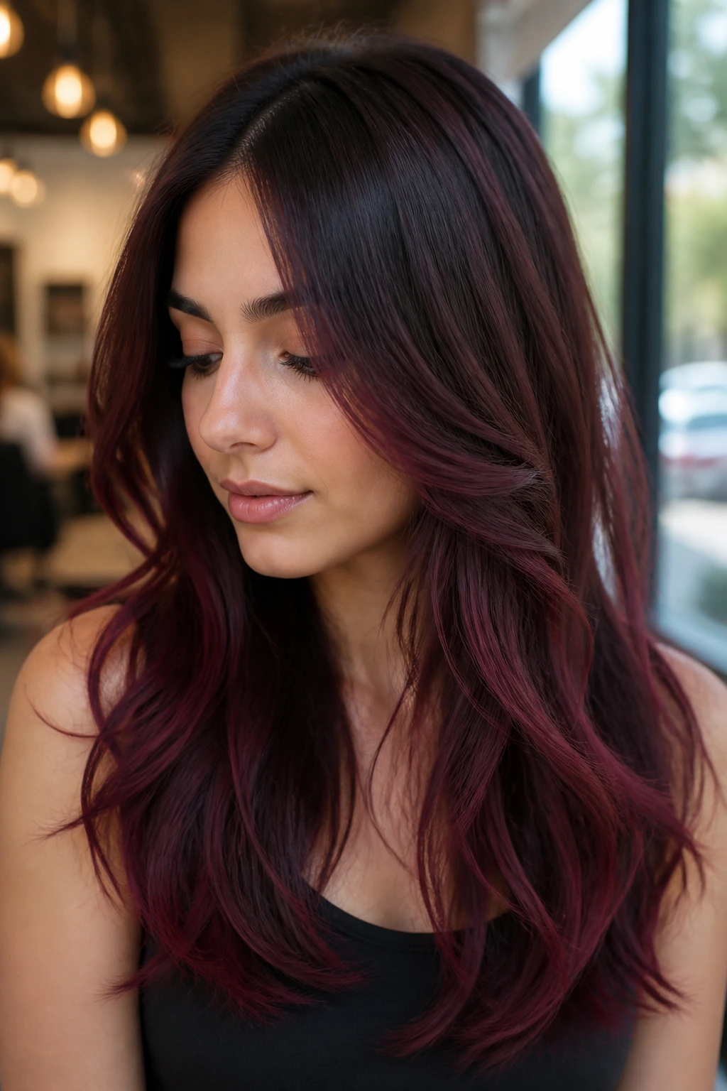 Close-up of a real person with wine-stain balayage burgundy hair in natural light