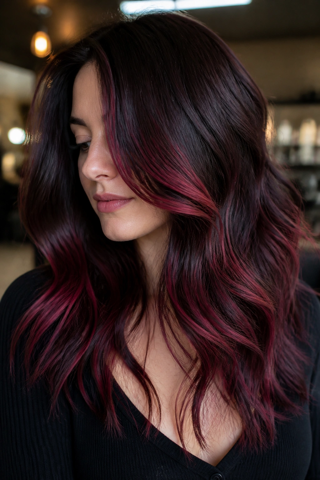Close-up of dark brown hair with wine stain shadow melt balayage