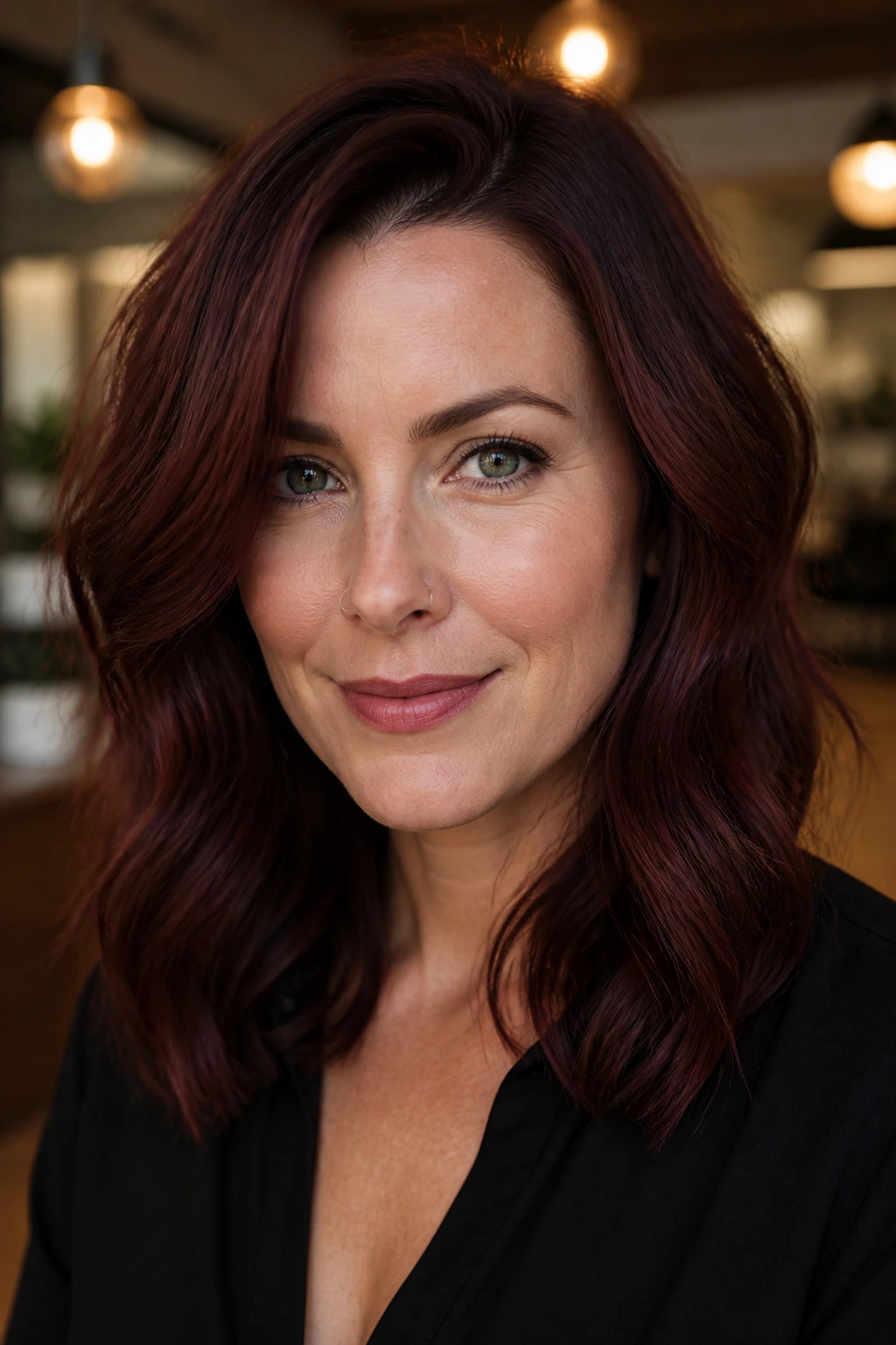 Close-up portrait of a real woman with wine-stained auburn hair under indoor lighting.