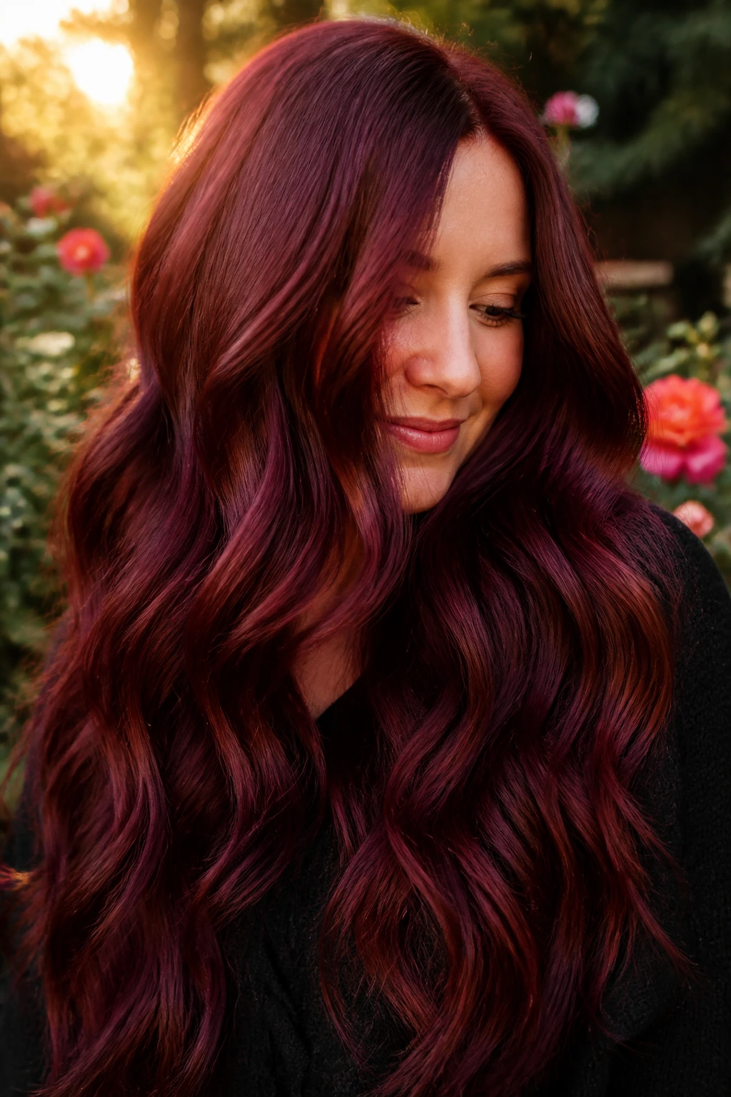 Long burgundy wine-toned waves on real woman in golden hour light