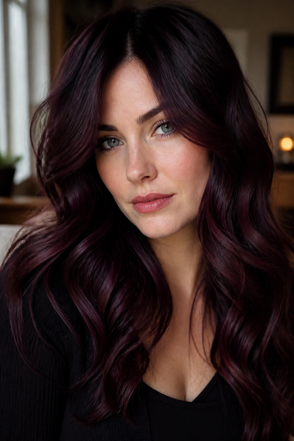 Close-up of a real woman with wine-stained black cherry waves in natural window light