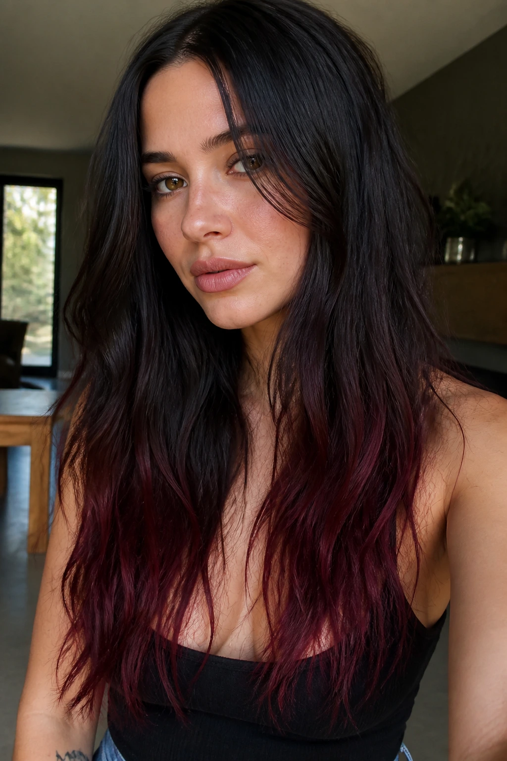Close-up portrait of long hair with wine-stained dip-dye ends.