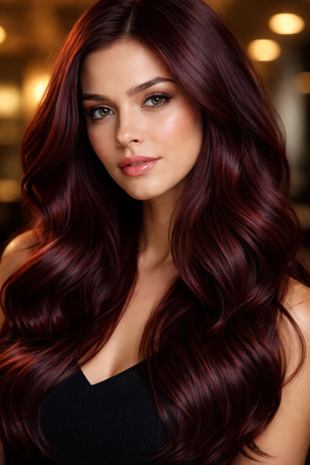 Portrait of a woman with deep burgundy mahogany hair in soft salon light