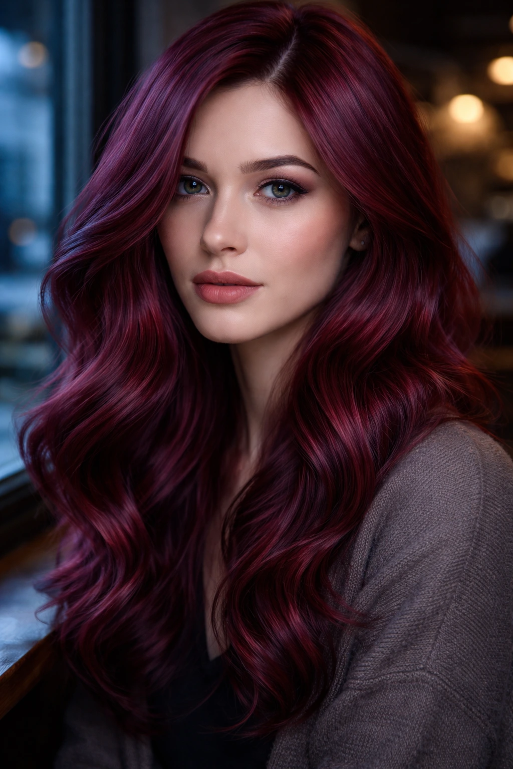 Close-up of real person with wine-stained mahogany hair in purple-red tones under evening light.