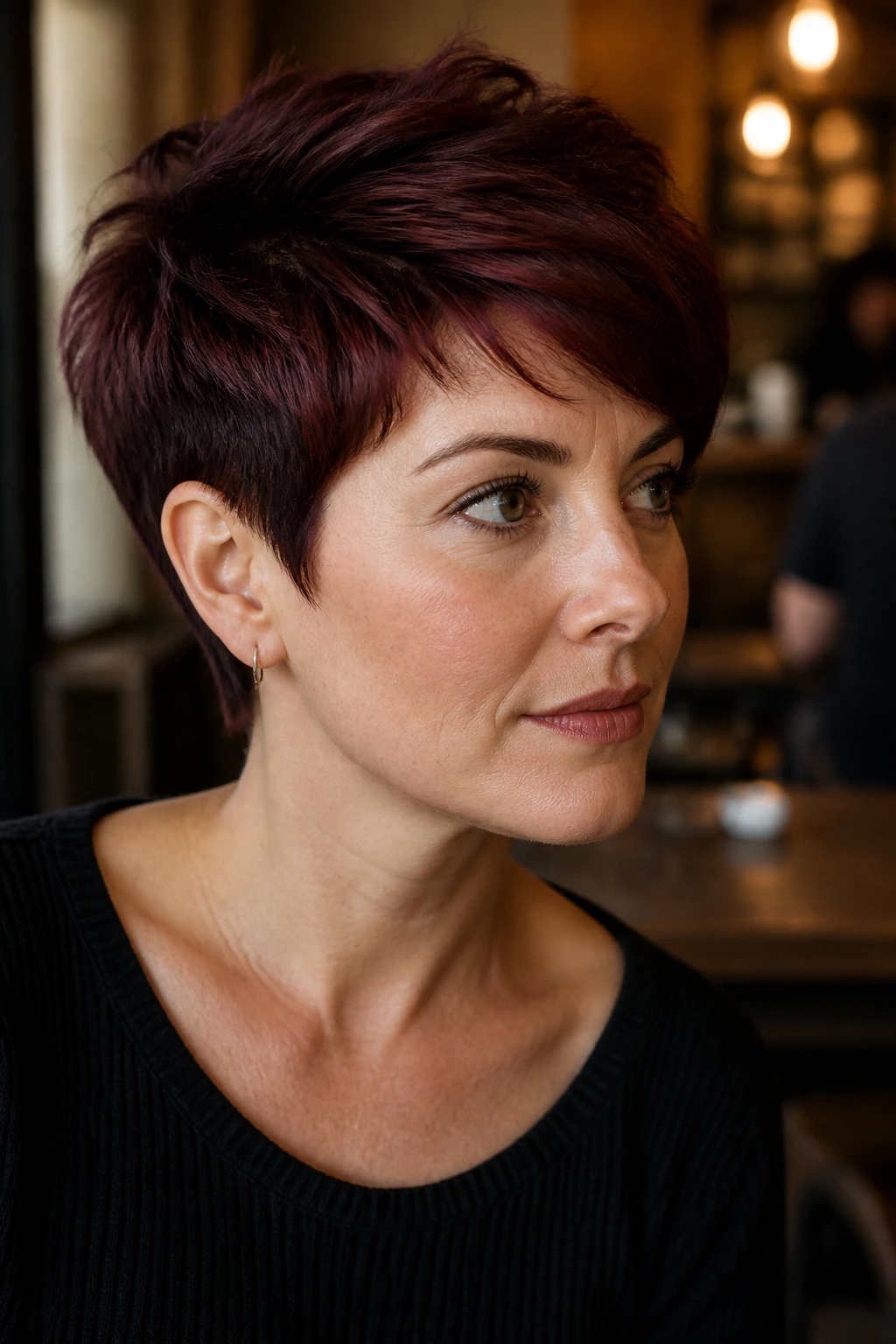 Close-up of wine-stained mahogany pixie cut on a real person.