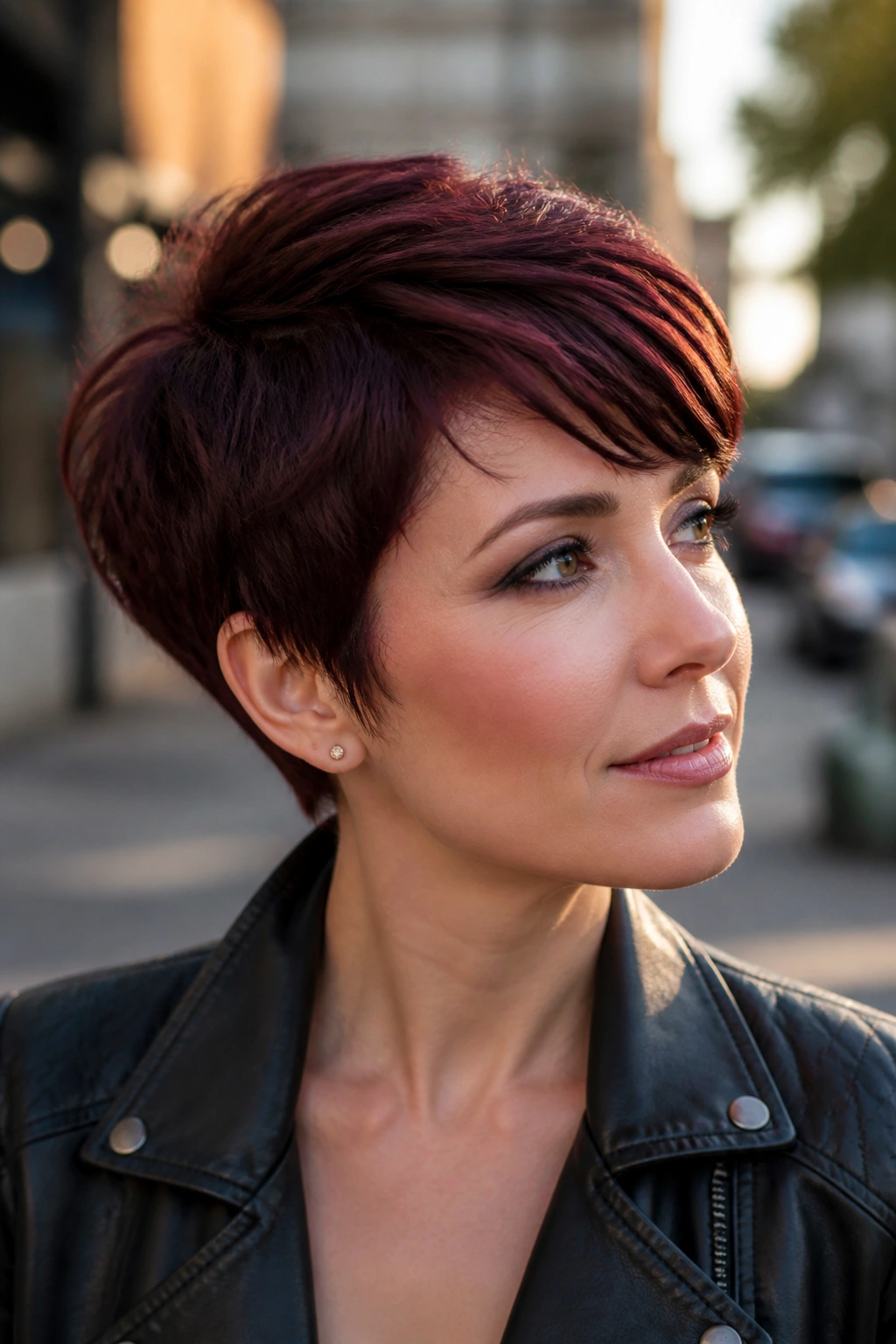 Real woman with a wine-stained pixie cut in deep burgundy tones.