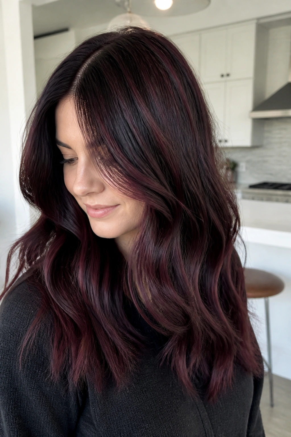 Close-up portrait showing wine-tinted babylights woven through dark hair.