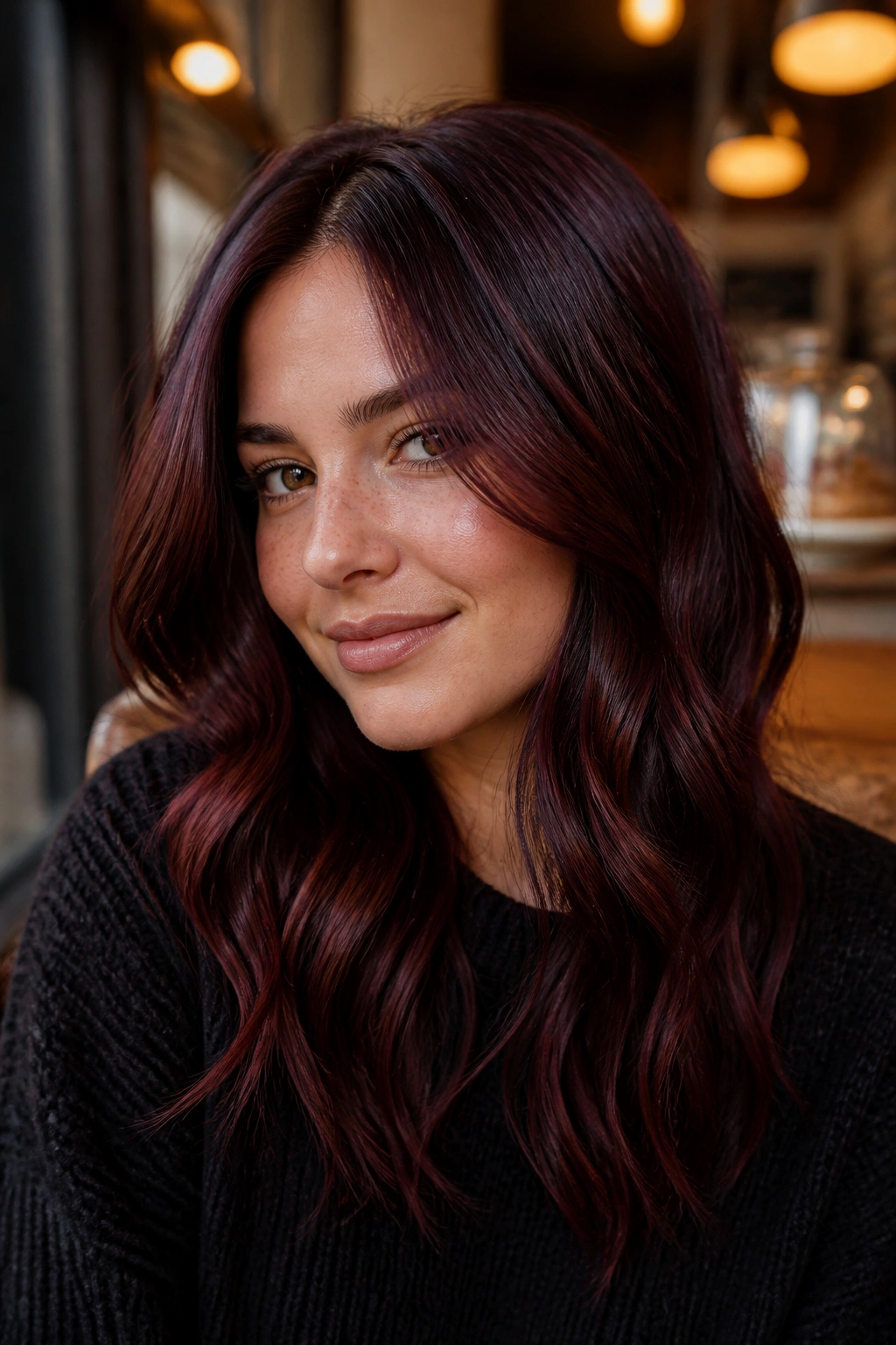 Close-up of a real woman with Wine-Tinted Cacao hair in a cafe setting