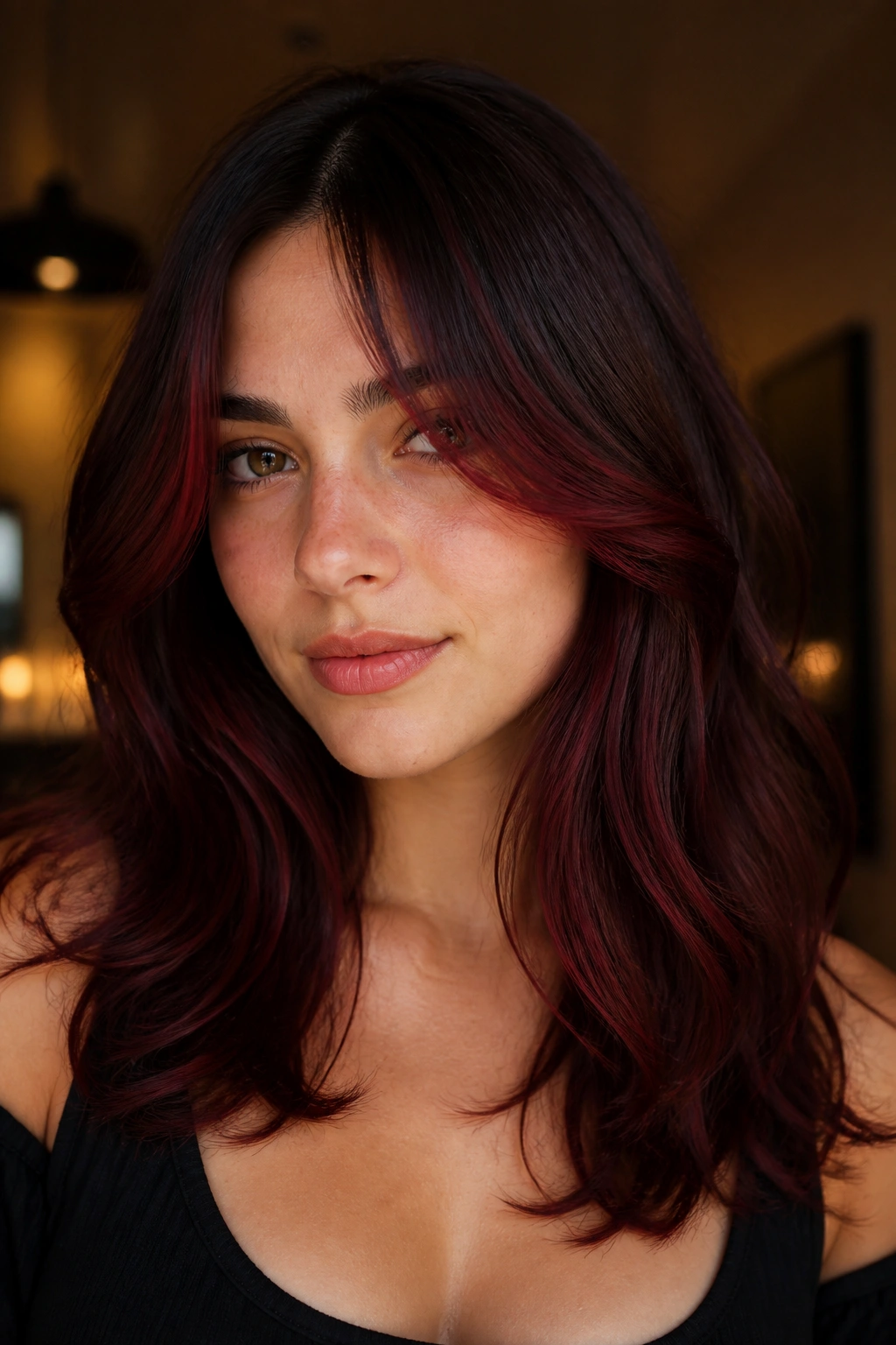 Portrait of a woman with wine-tipped curtain bangs framing her face