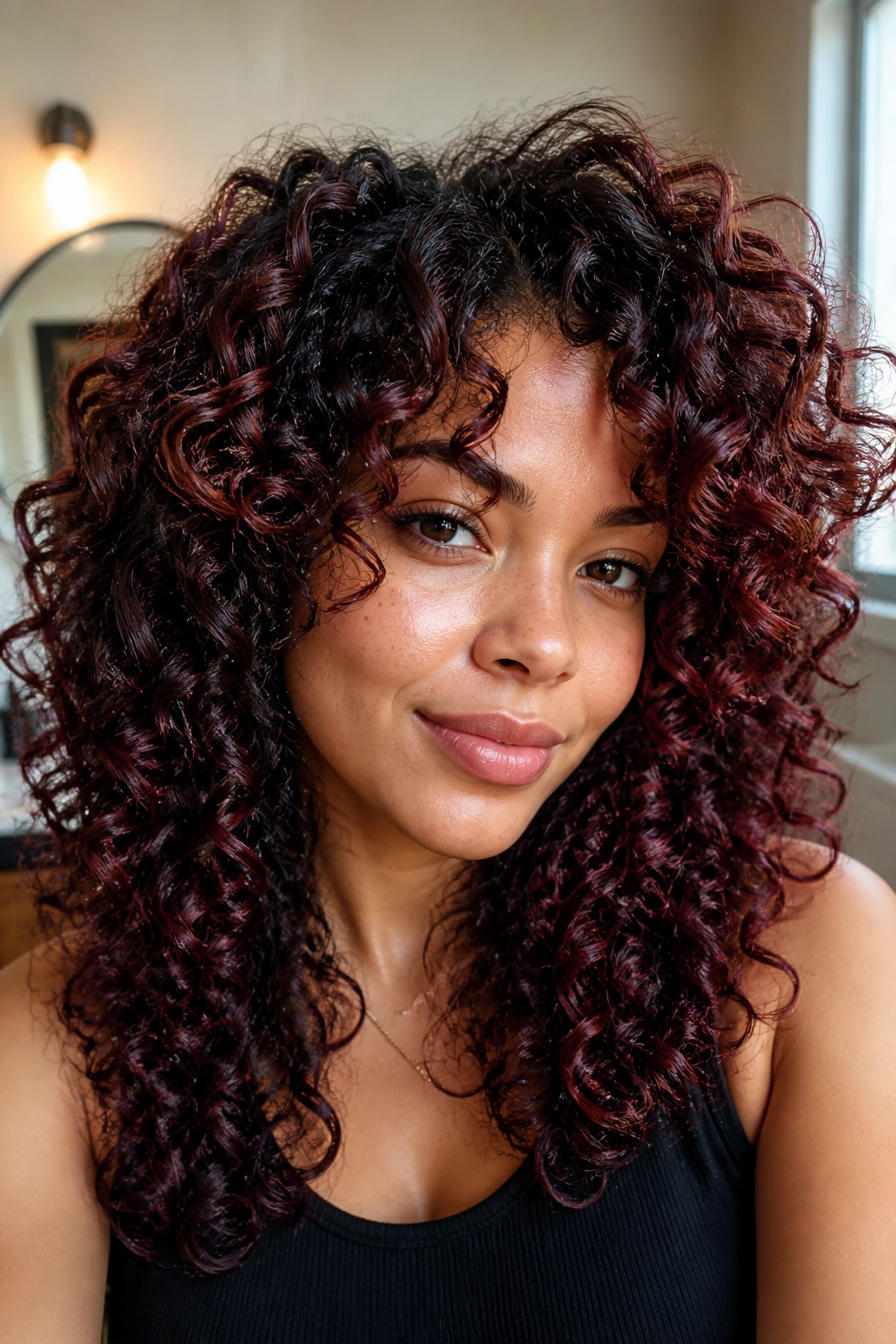 Close-up of curly hair with wine-toned highlights on outer curls