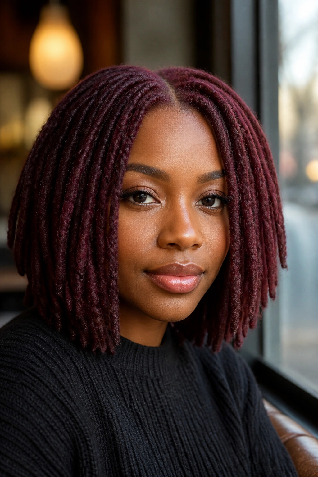 Close-up of a person with a wine-toned loc bob in a warm cafe setting.