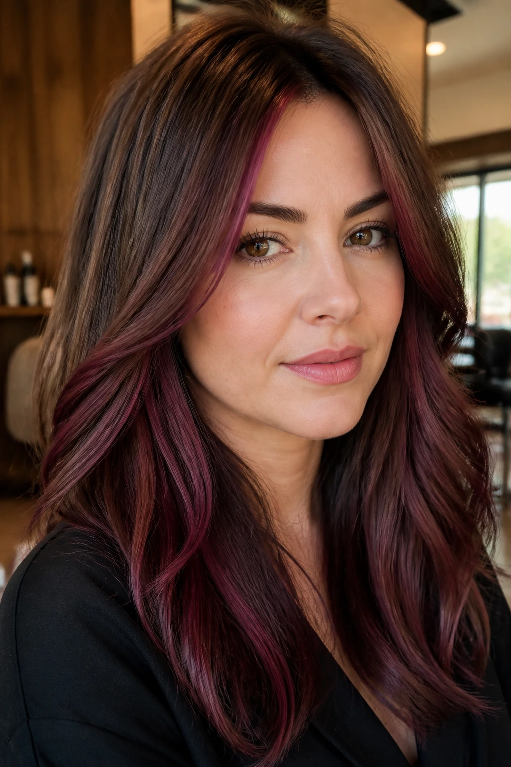 Close-up portrait of a real woman with wine-toned ribbons highlighting brown hair around the face