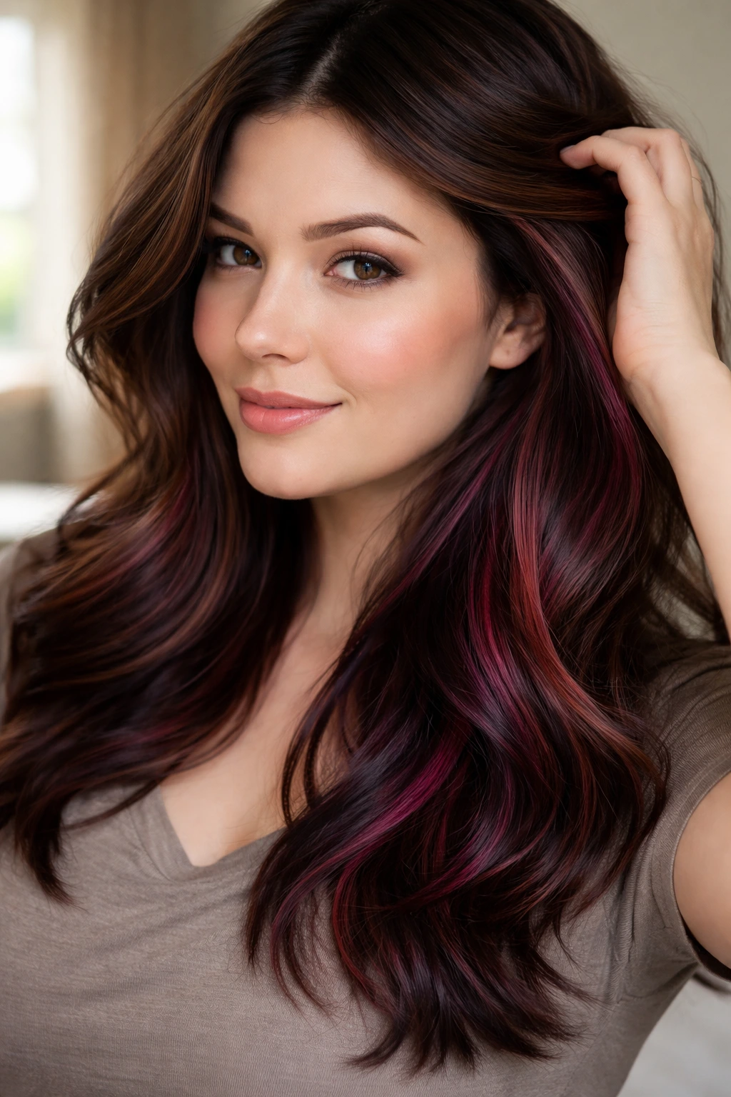 Close-up of a real woman with wine-toned peekaboos under the top hair